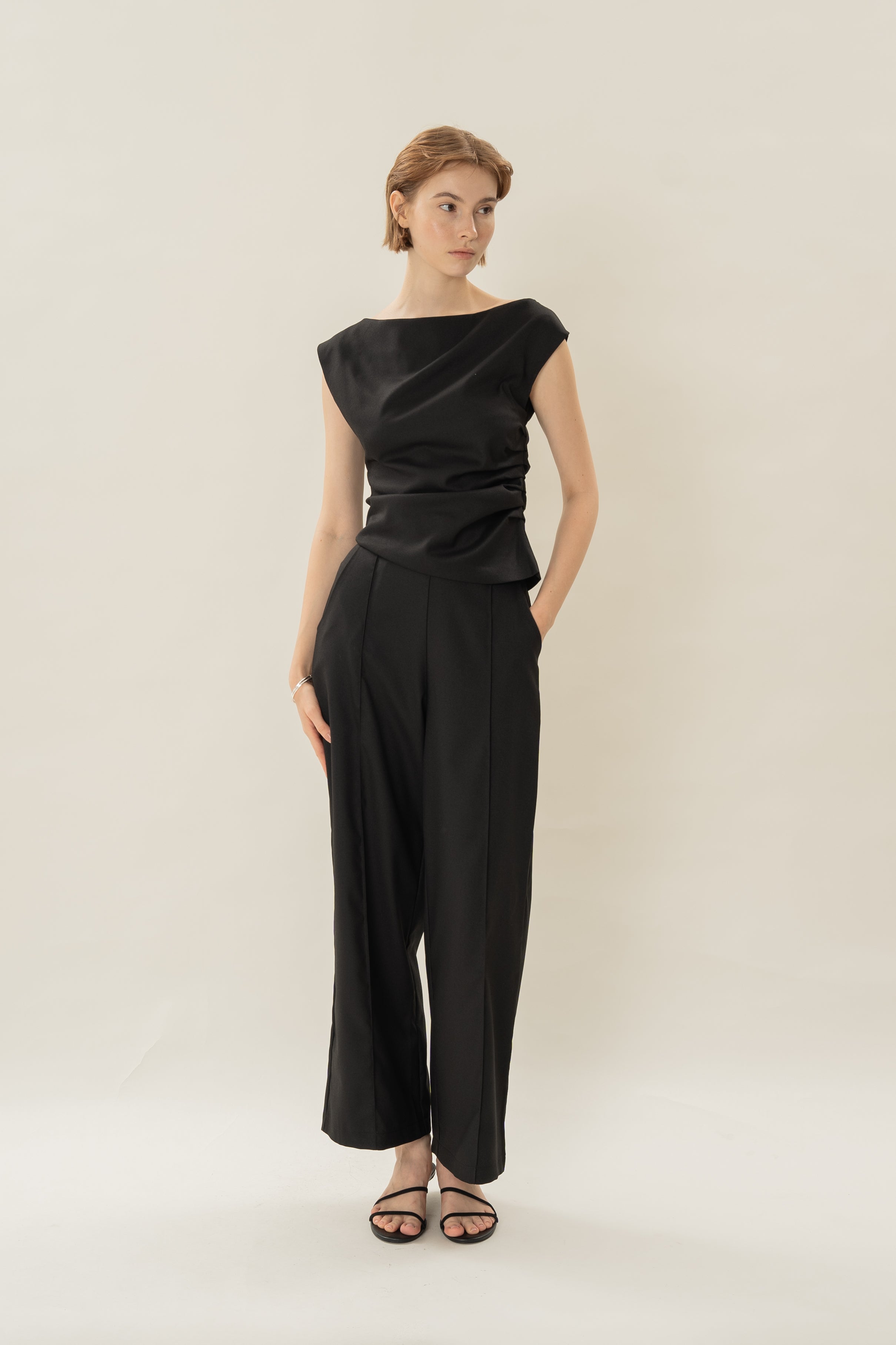 Asymmetrical Ruched Waist Blouse in Black