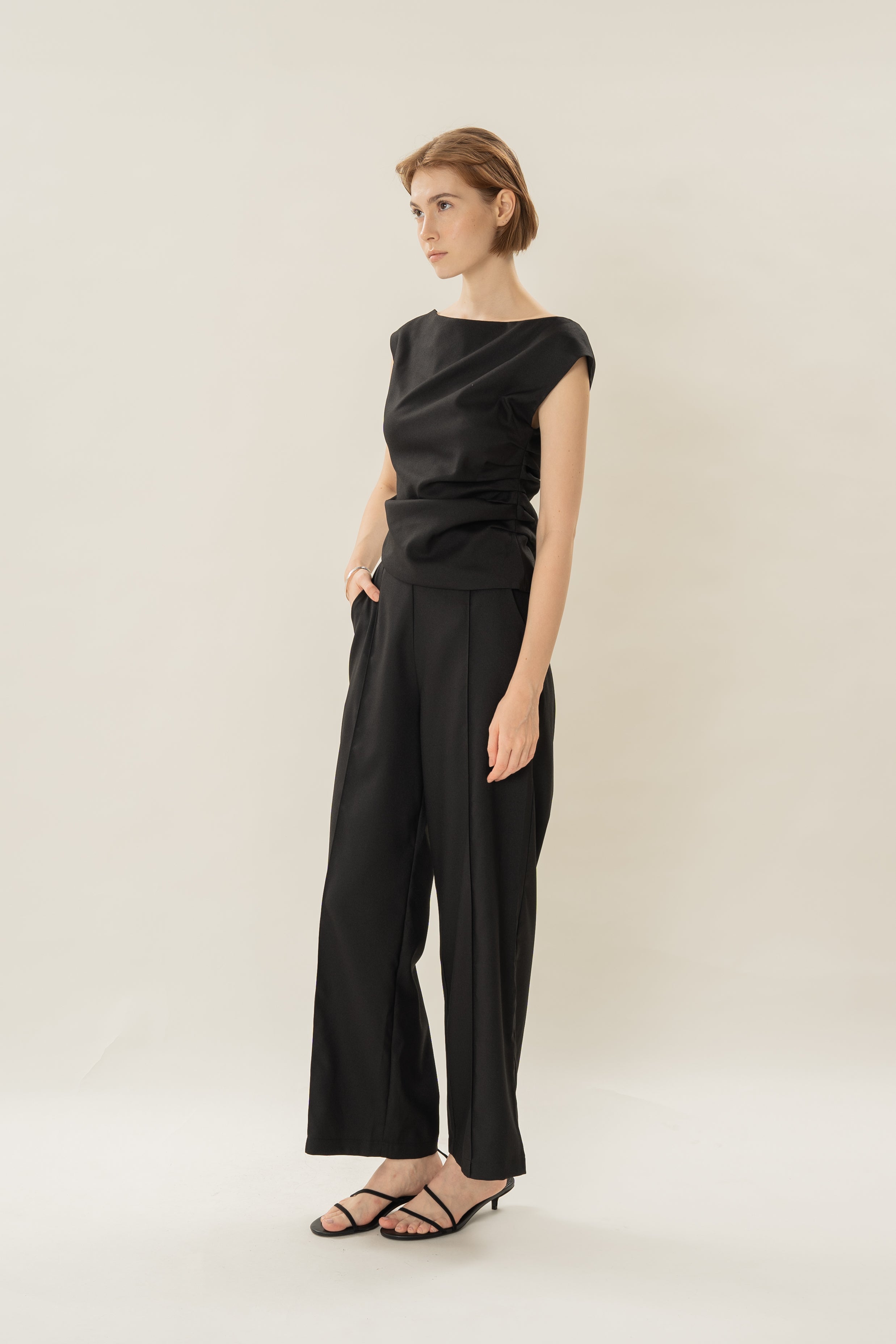 Asymmetrical Ruched Waist Blouse in Black