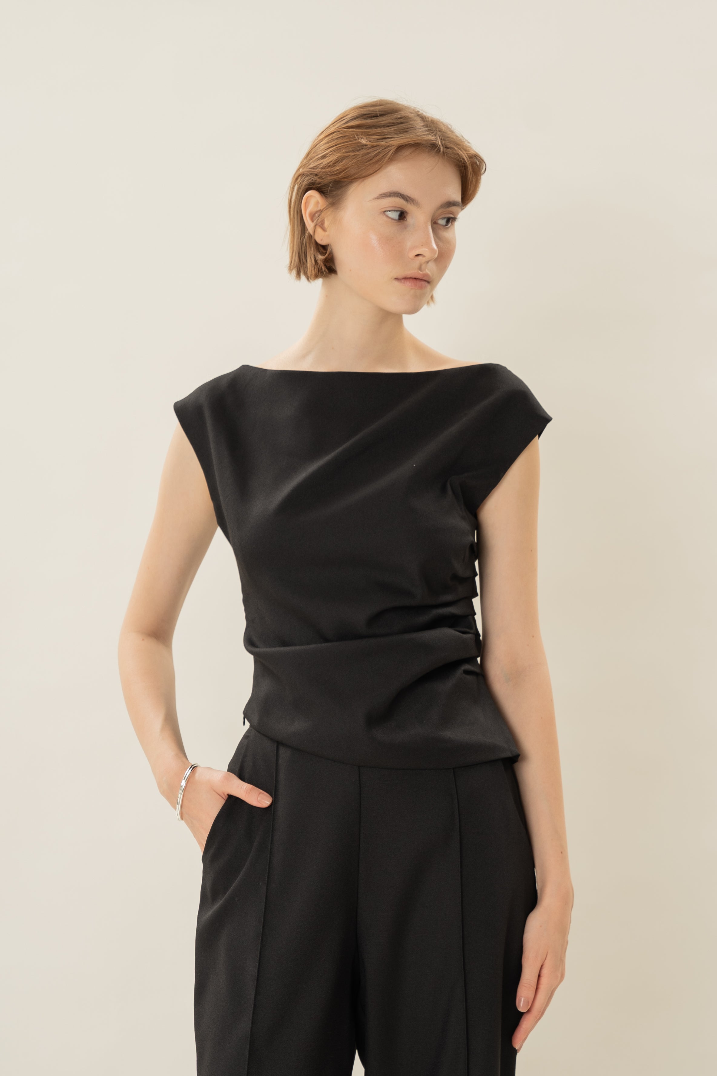 Asymmetrical Ruched Waist Blouse in Black