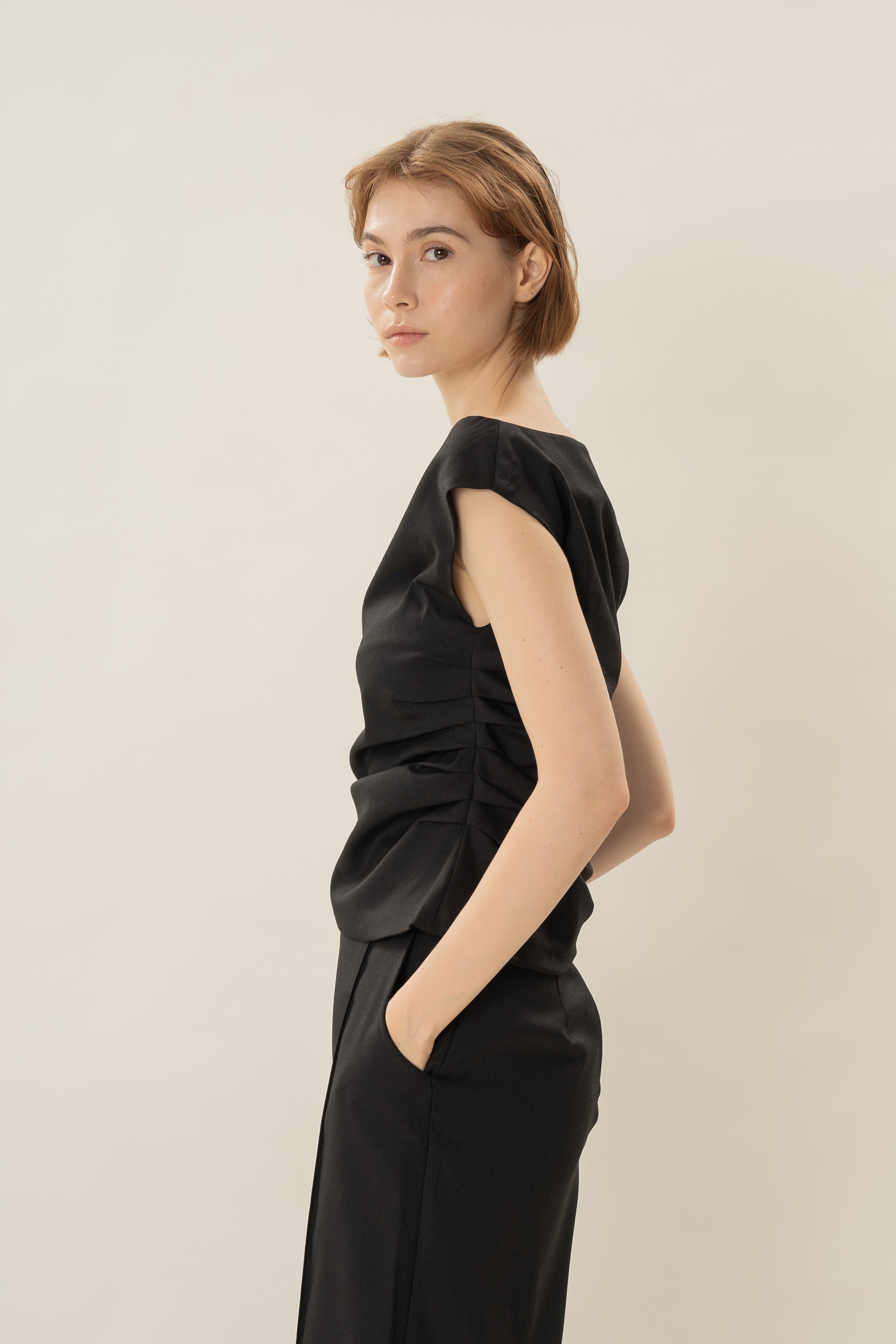 Asymmetrical Ruched Waist Blouse in Black