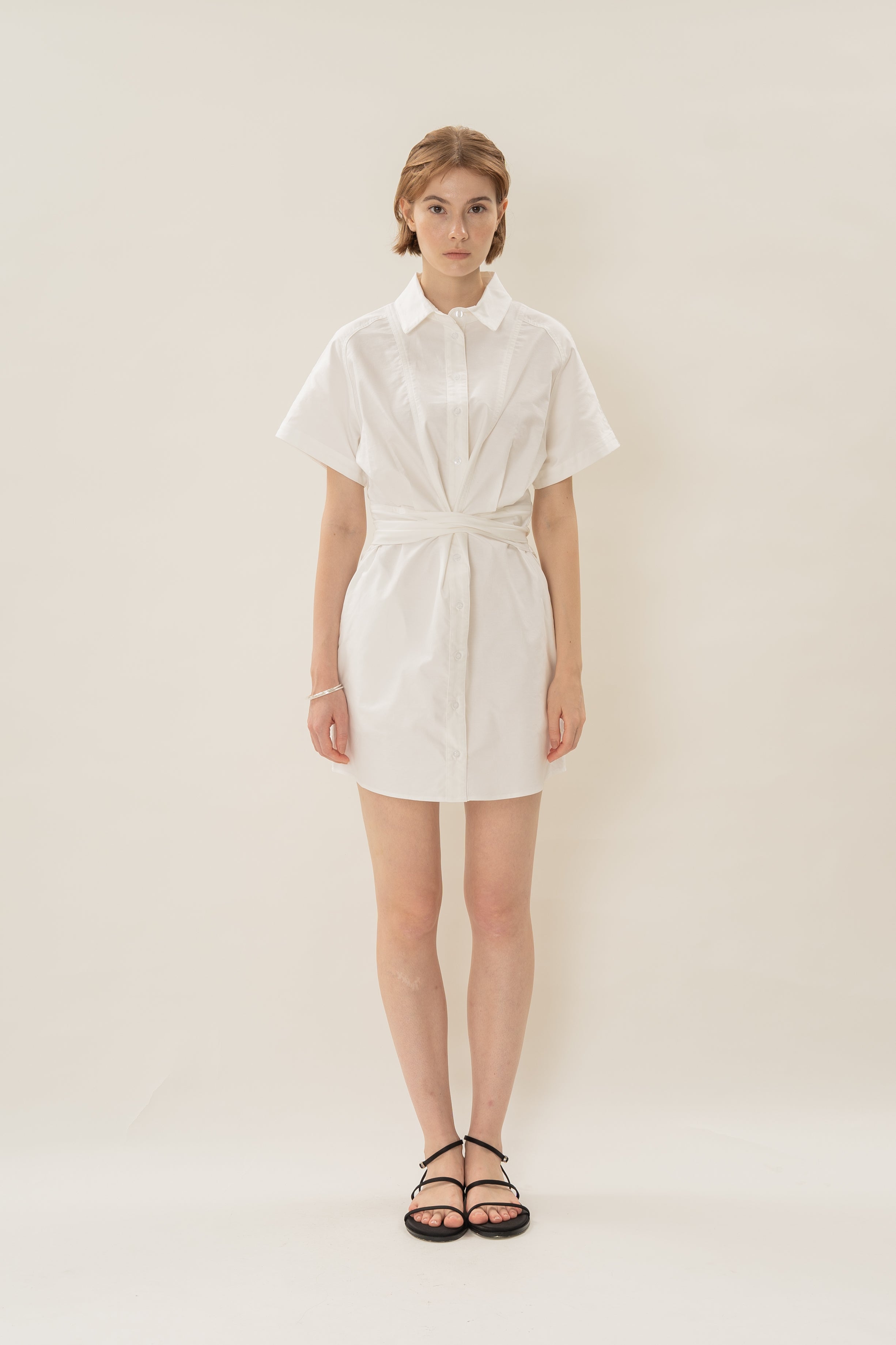 Oxford Mini Shirt Dress With Tie Waist in White