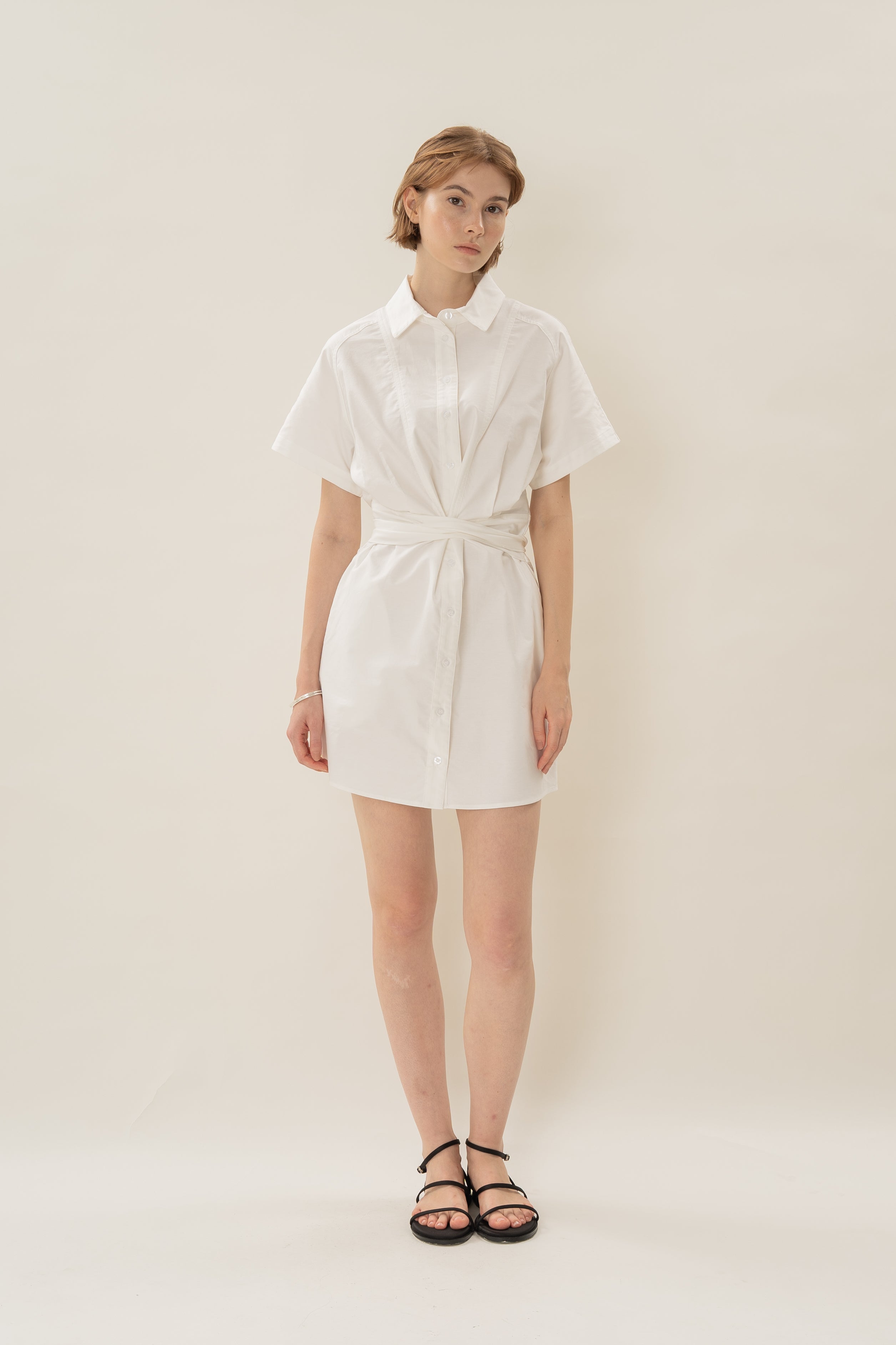 Oxford Mini Shirt Dress With Tie Waist in White