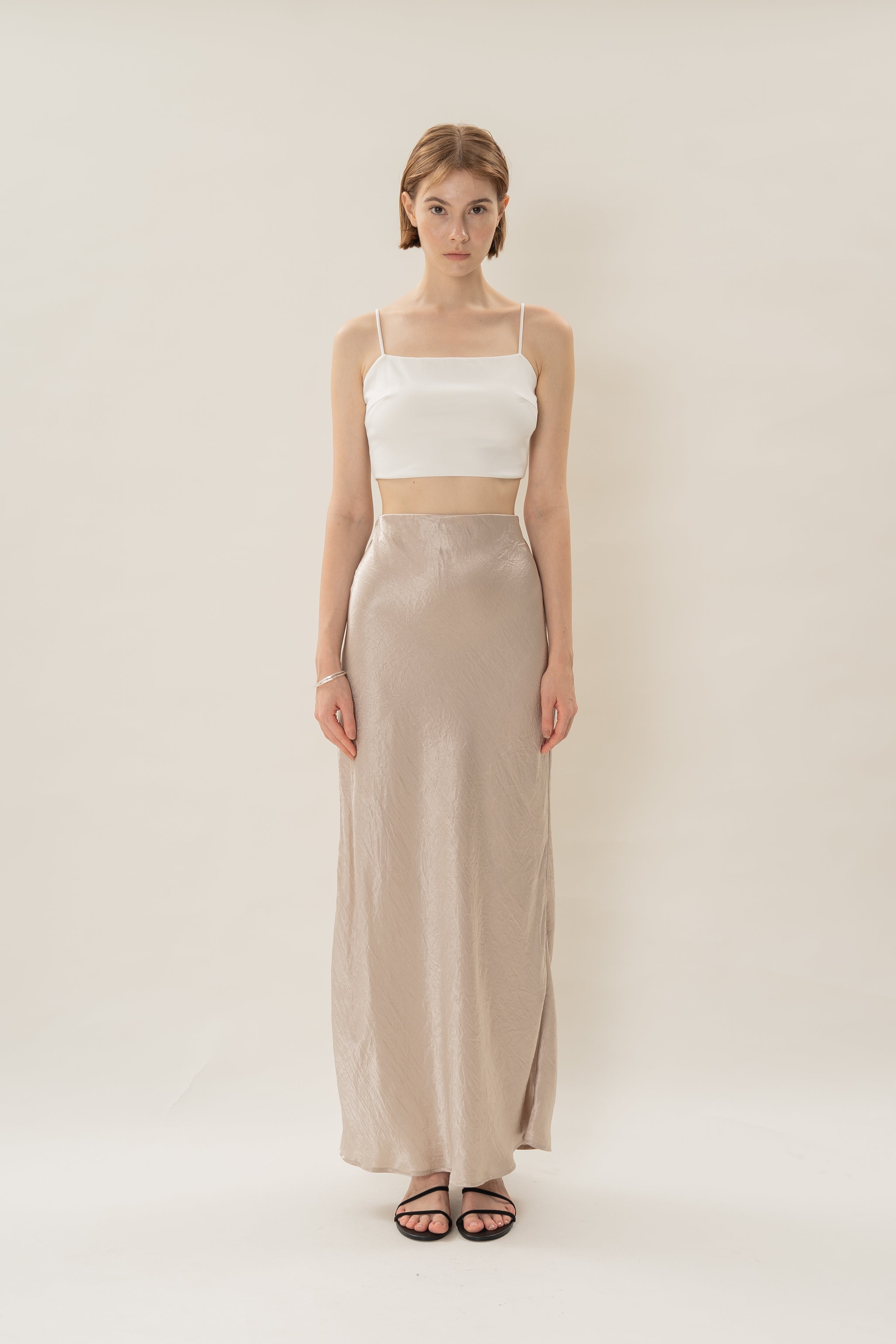 Satin Midi Slip Skirt in Taupe
