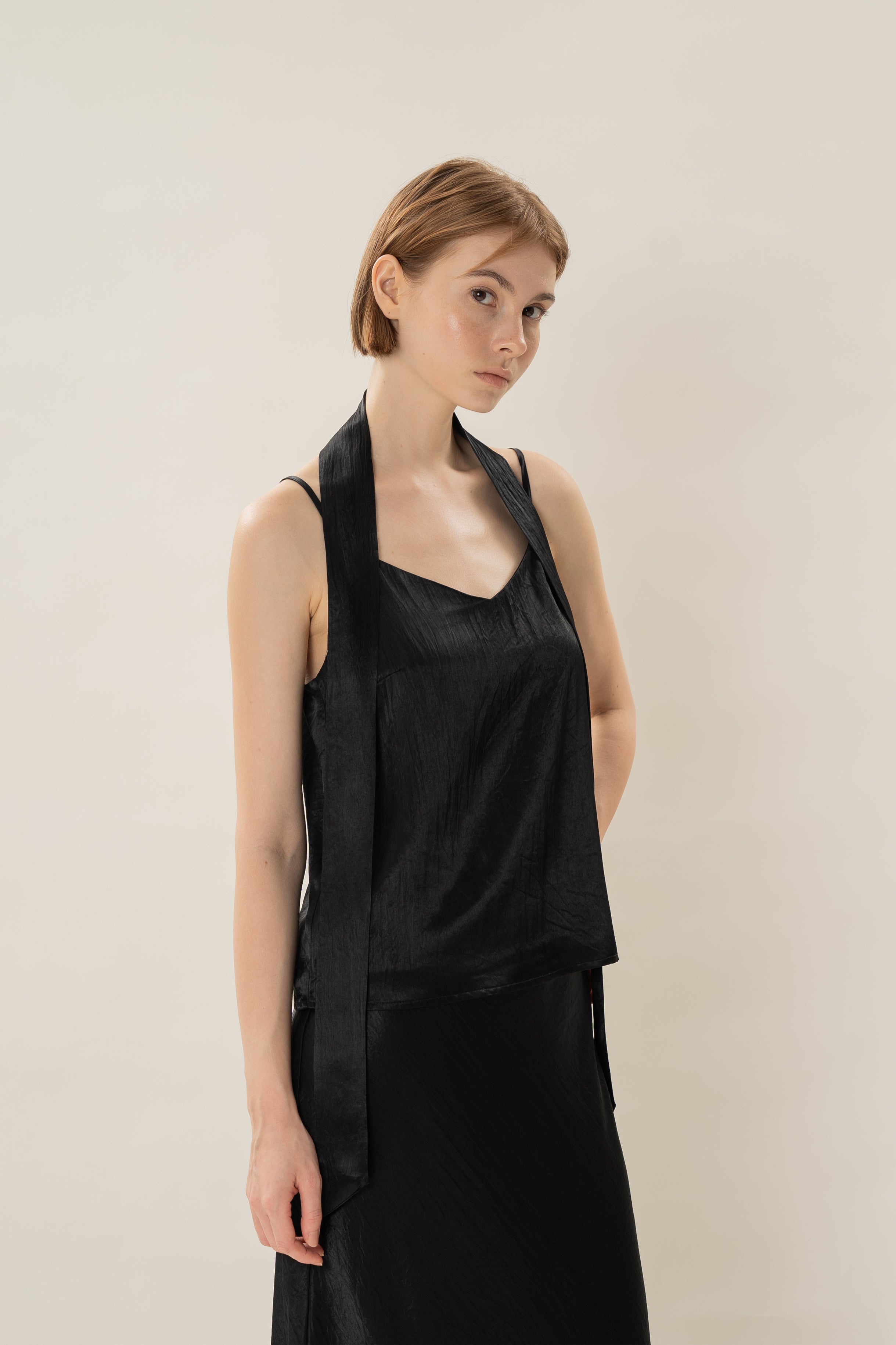 Satin Camisole Slip Top in Black