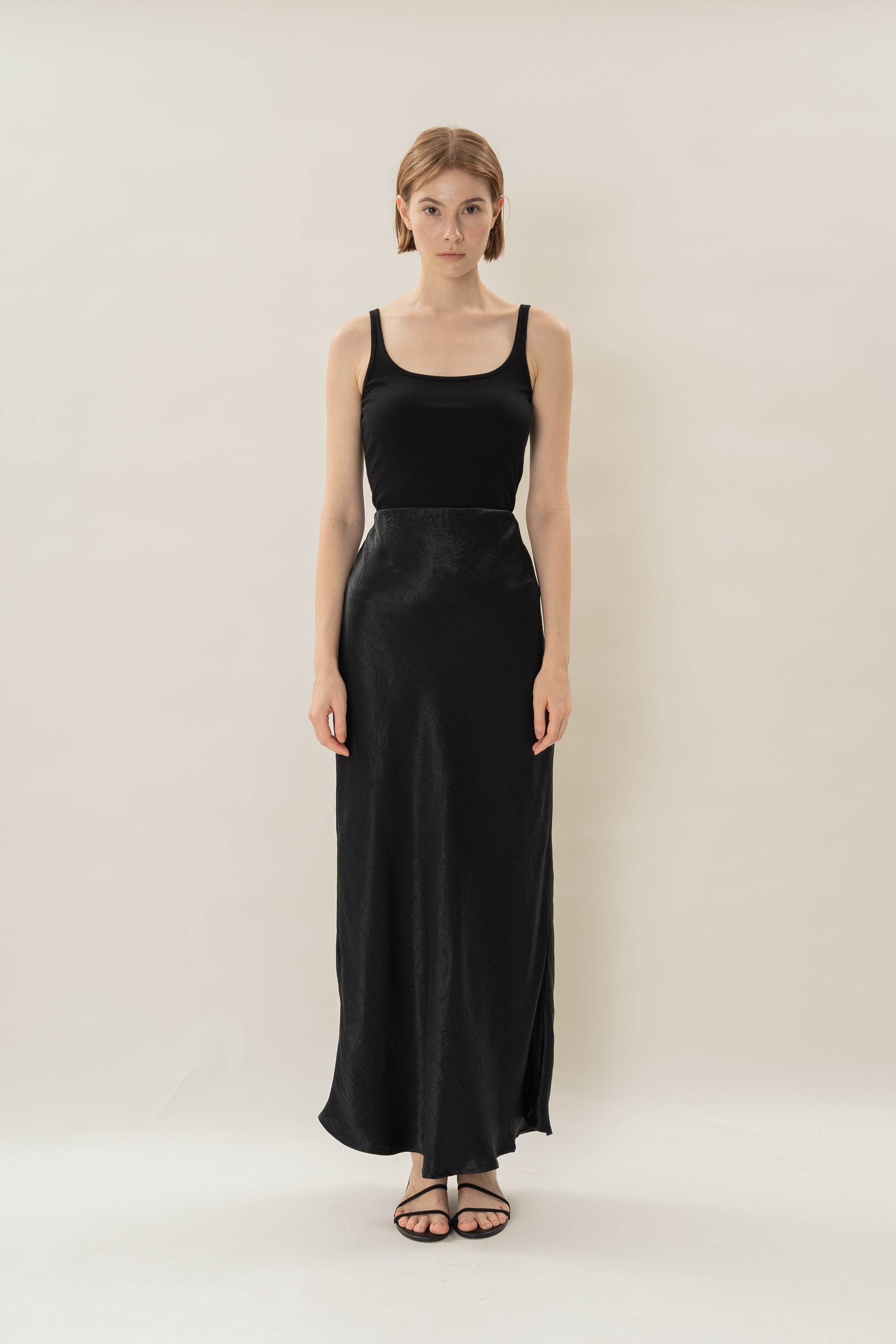 Satin Midi Slip Skirt in Black