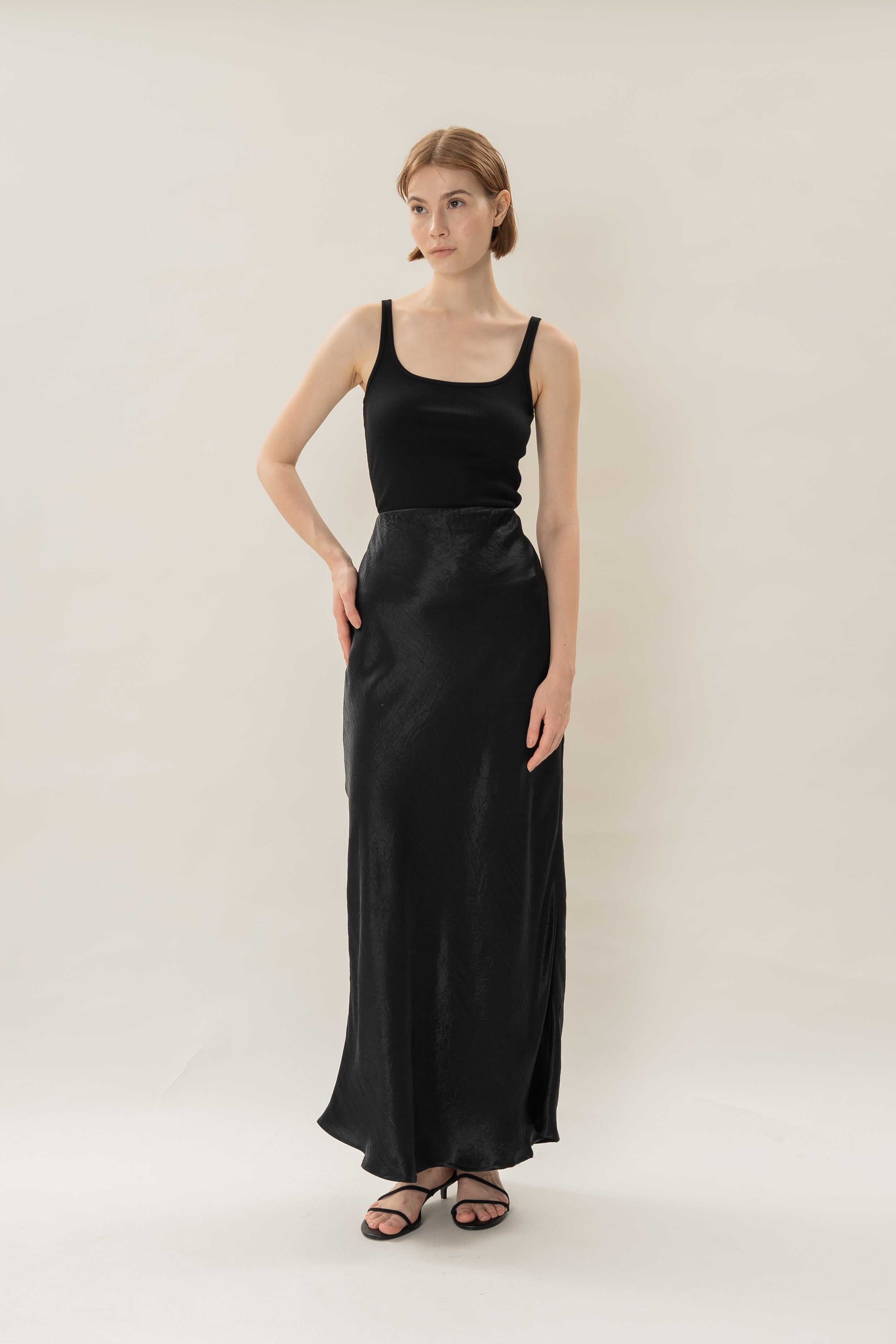 Satin Midi Slip Skirt in Black