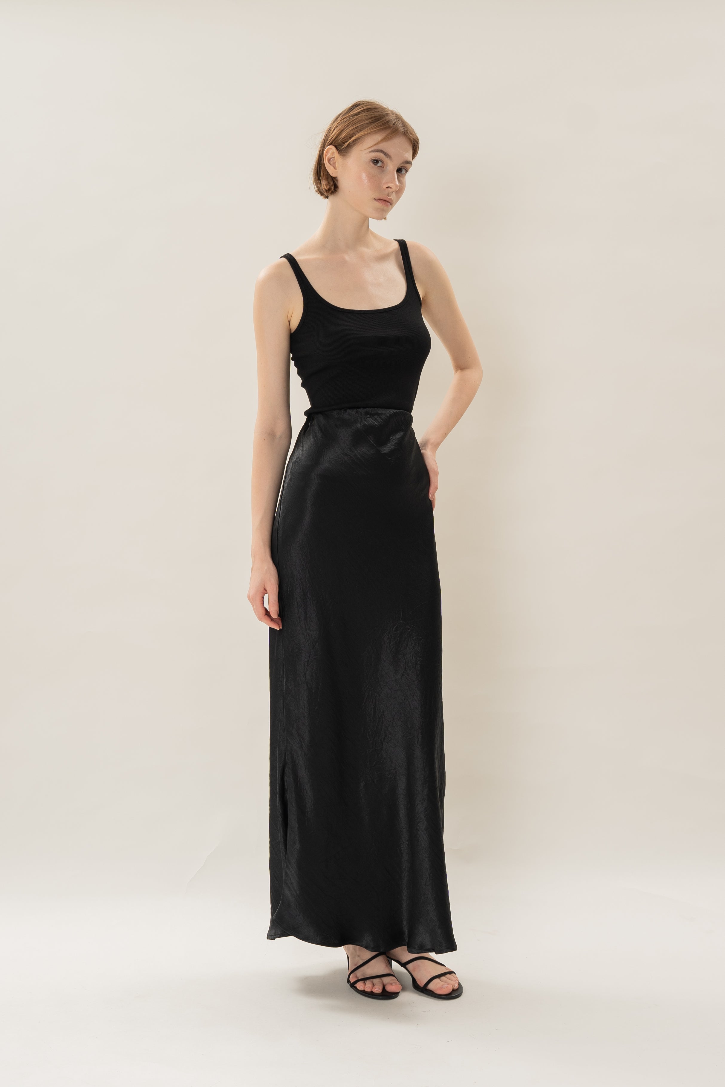 Satin Midi Slip Skirt in Black