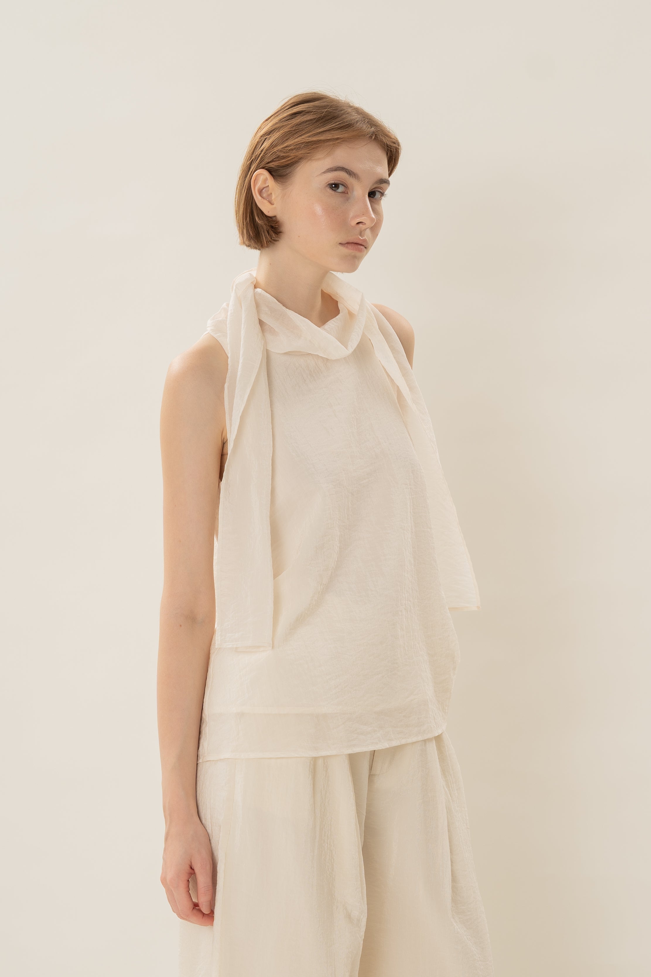 Sash Neckline Haller Blouse in Natural