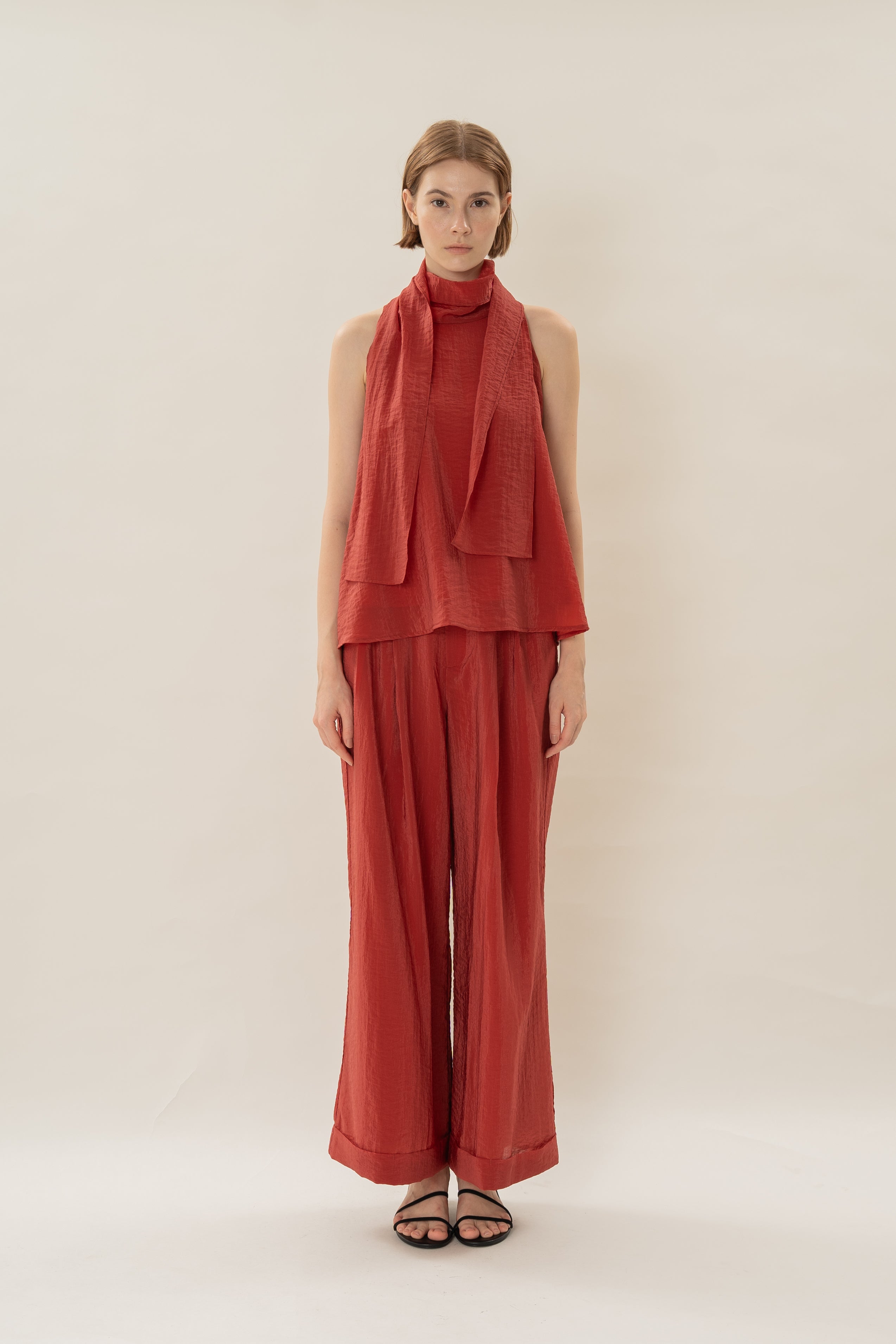 Sash Neckline Haller Blouse in Red