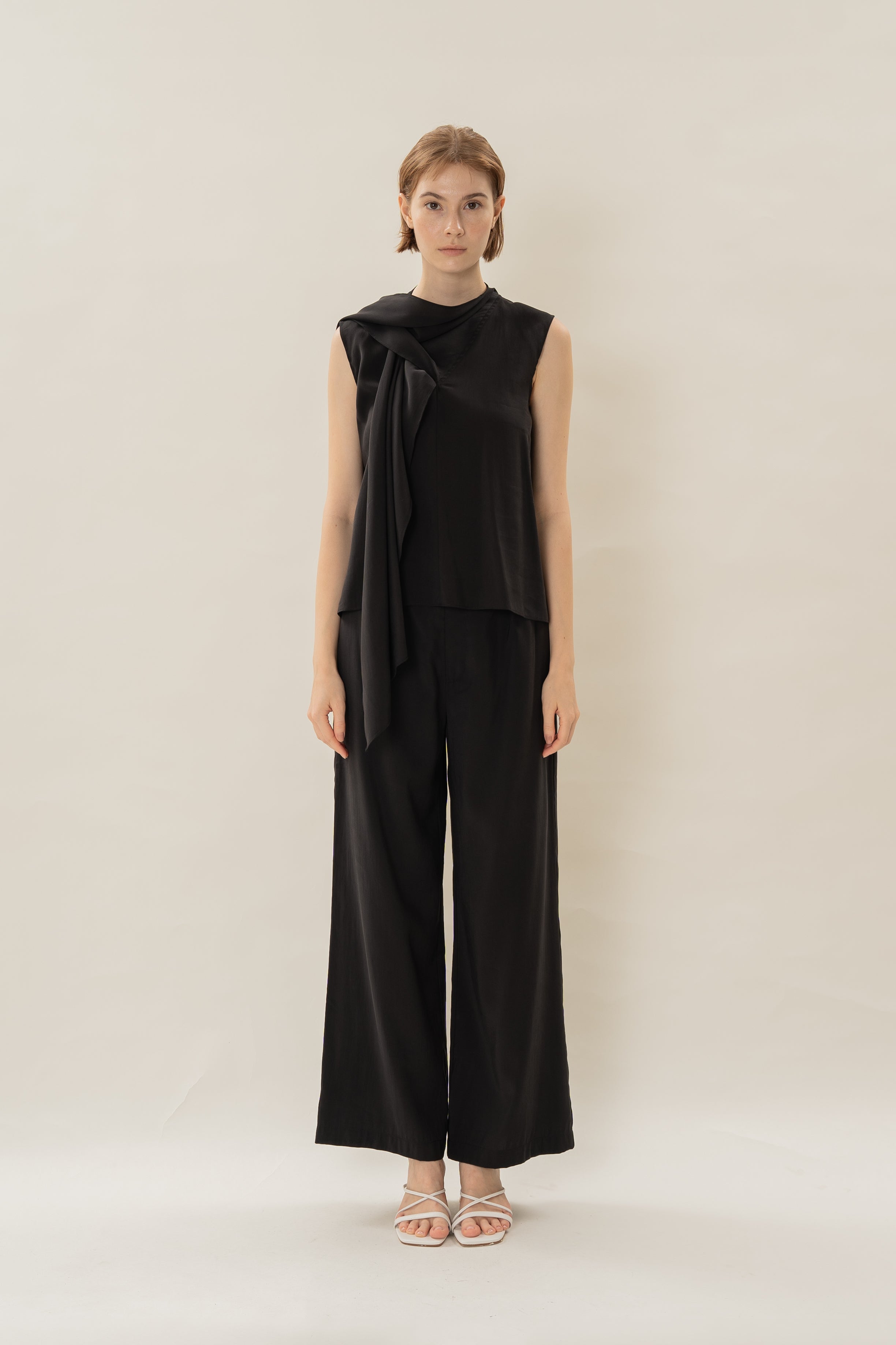 Draped Sash V-Neck Sleeveeless Blouse in Black