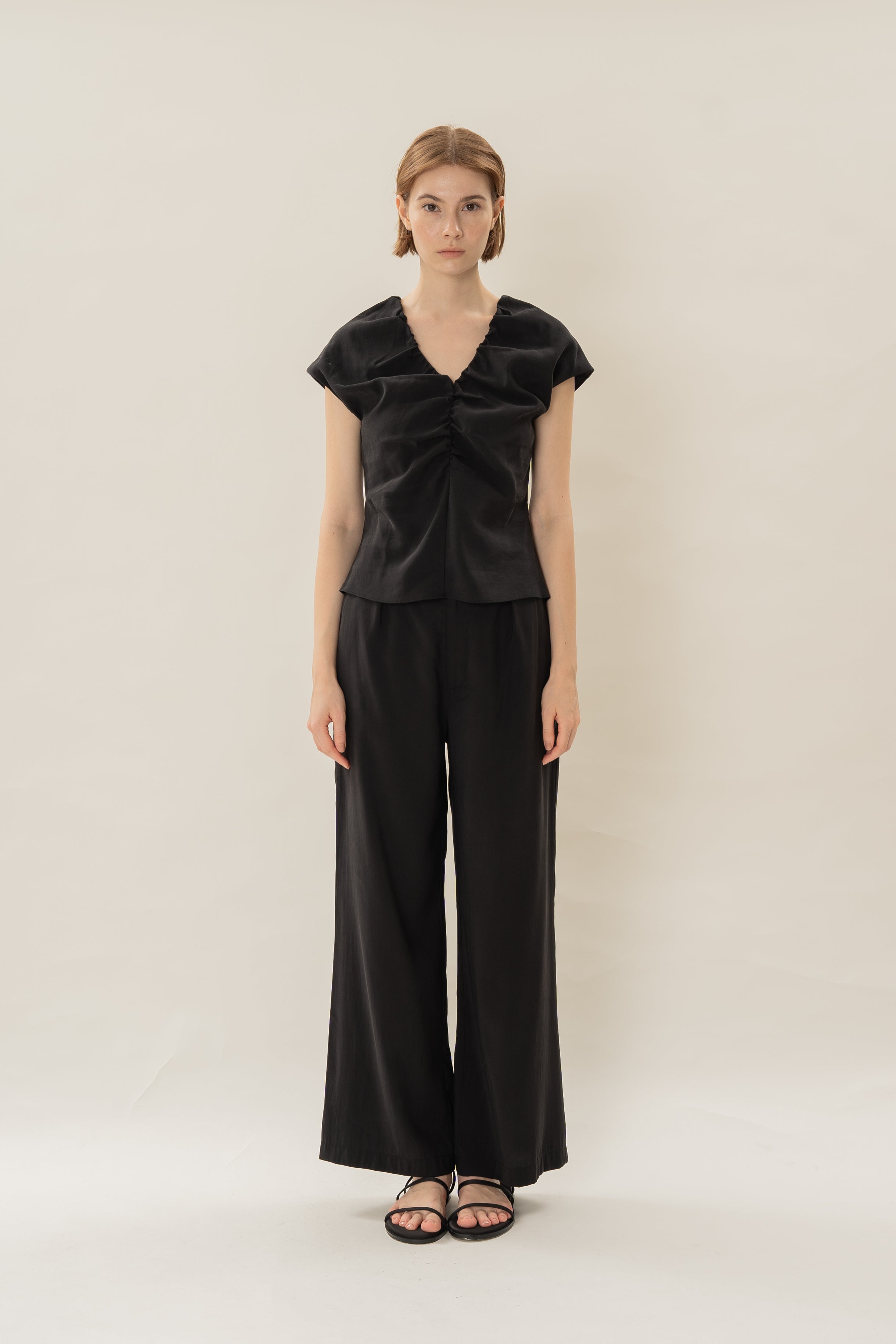 Ruched V-Neck Top in Black