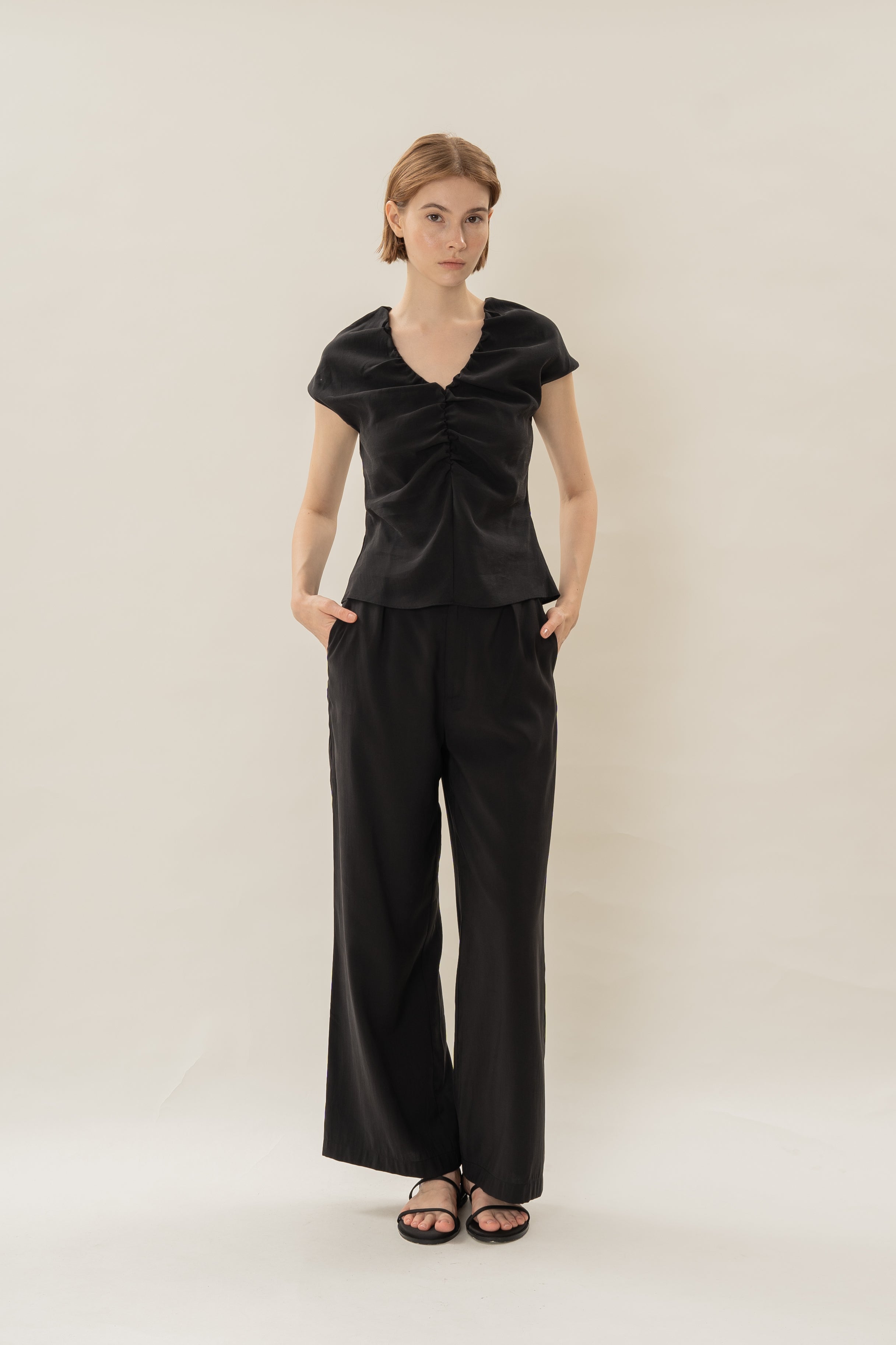 Ruched V-Neck Top in Black