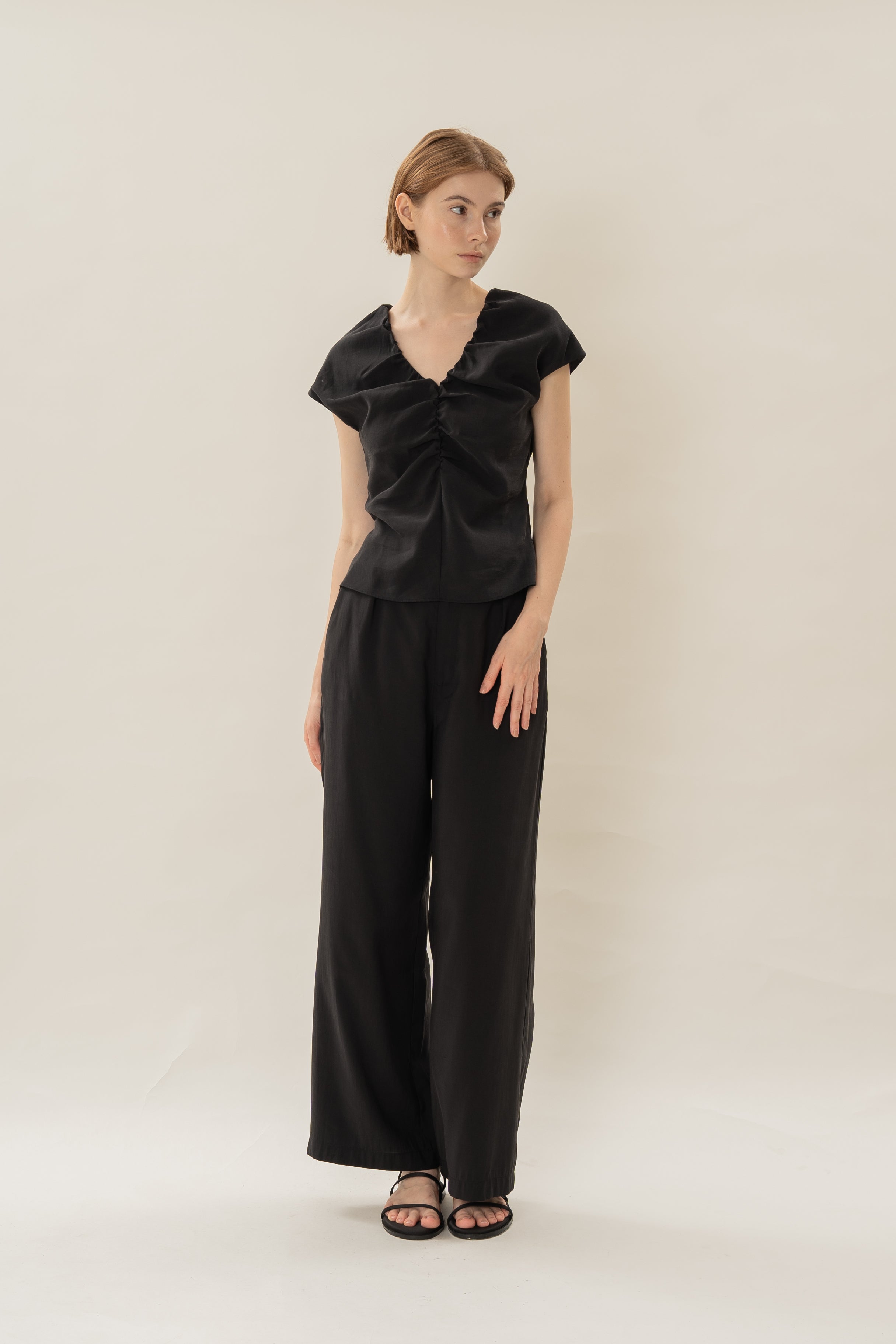 Ruched V-Neck Top in Black