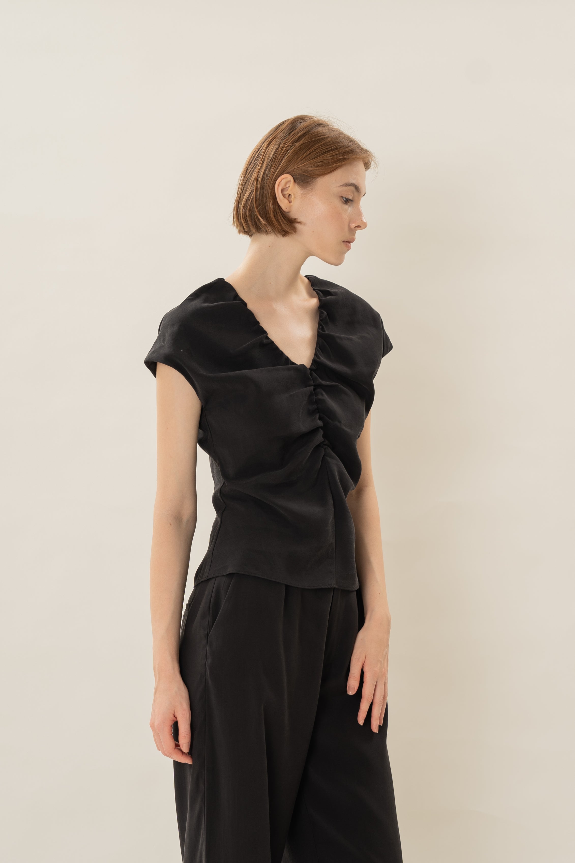 Ruched V-Neck Top in Black