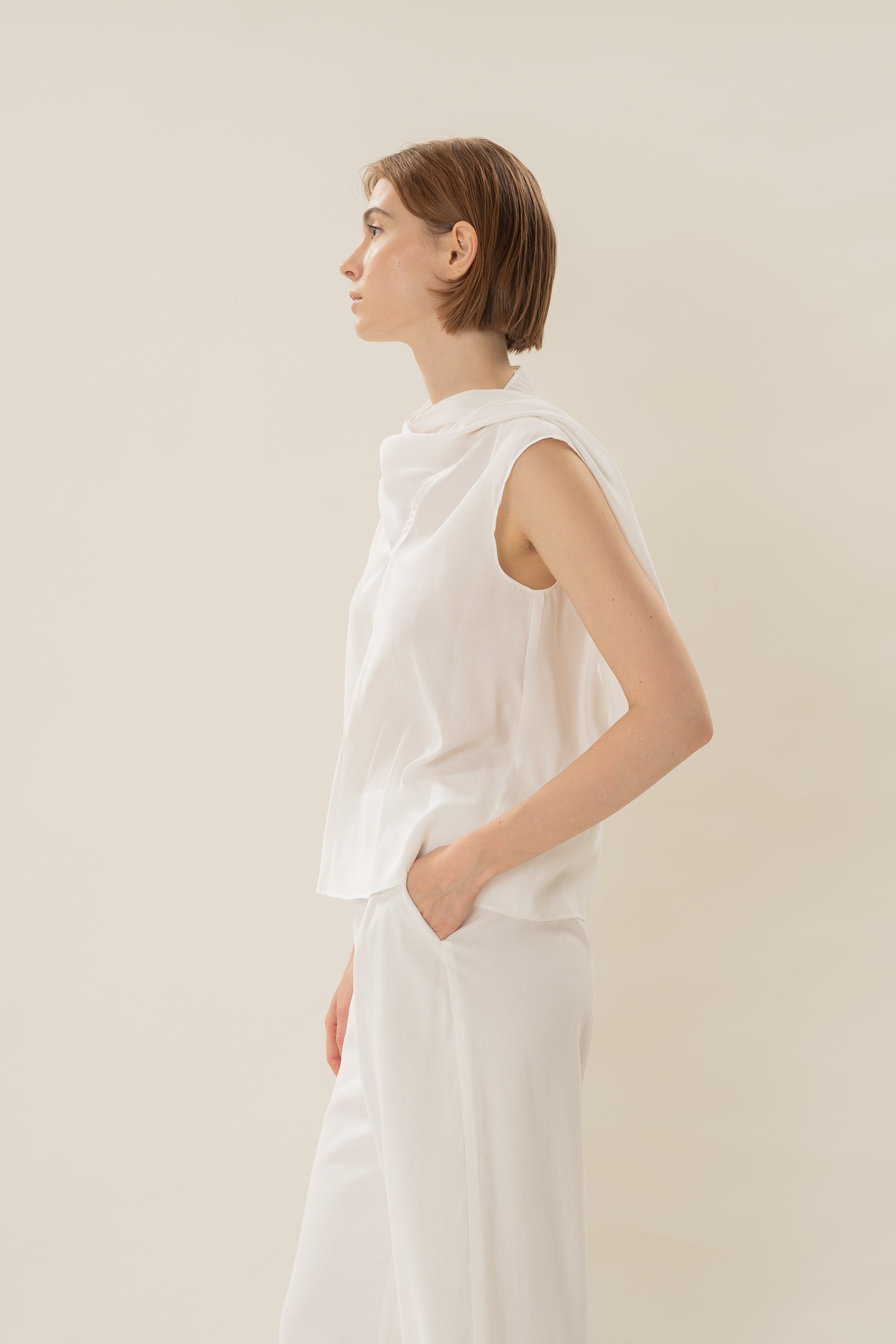 Draped Sash V-Neck Sleeveless Blouse in White