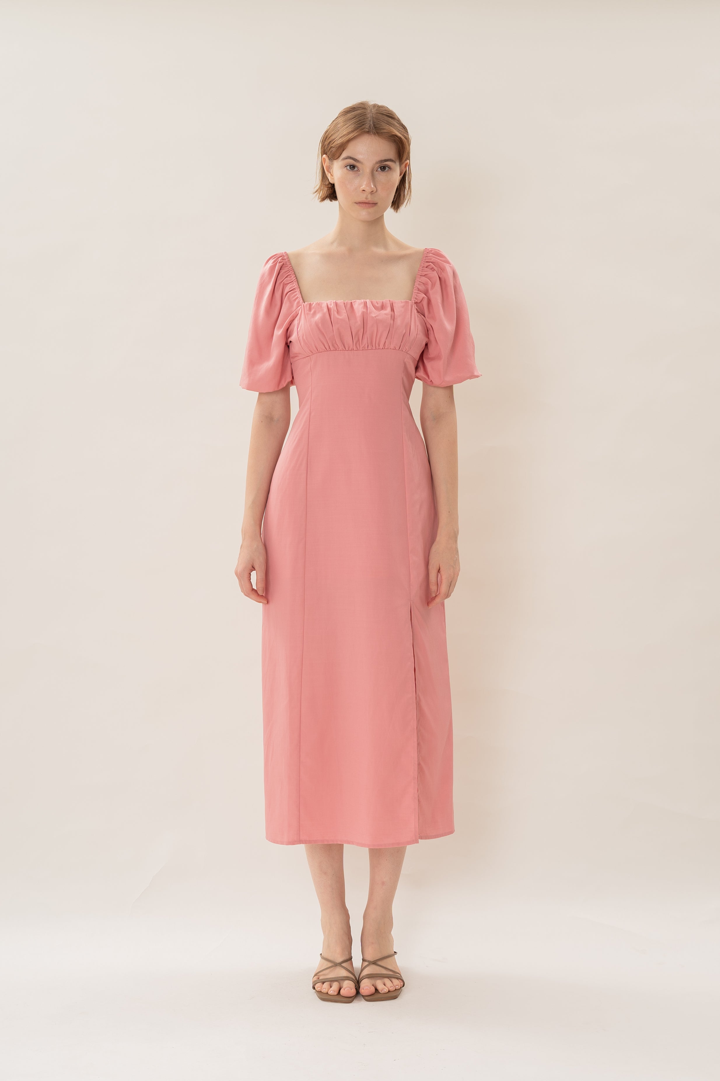 Puff Sleeve Midi Ruched Sun Dress in Pink