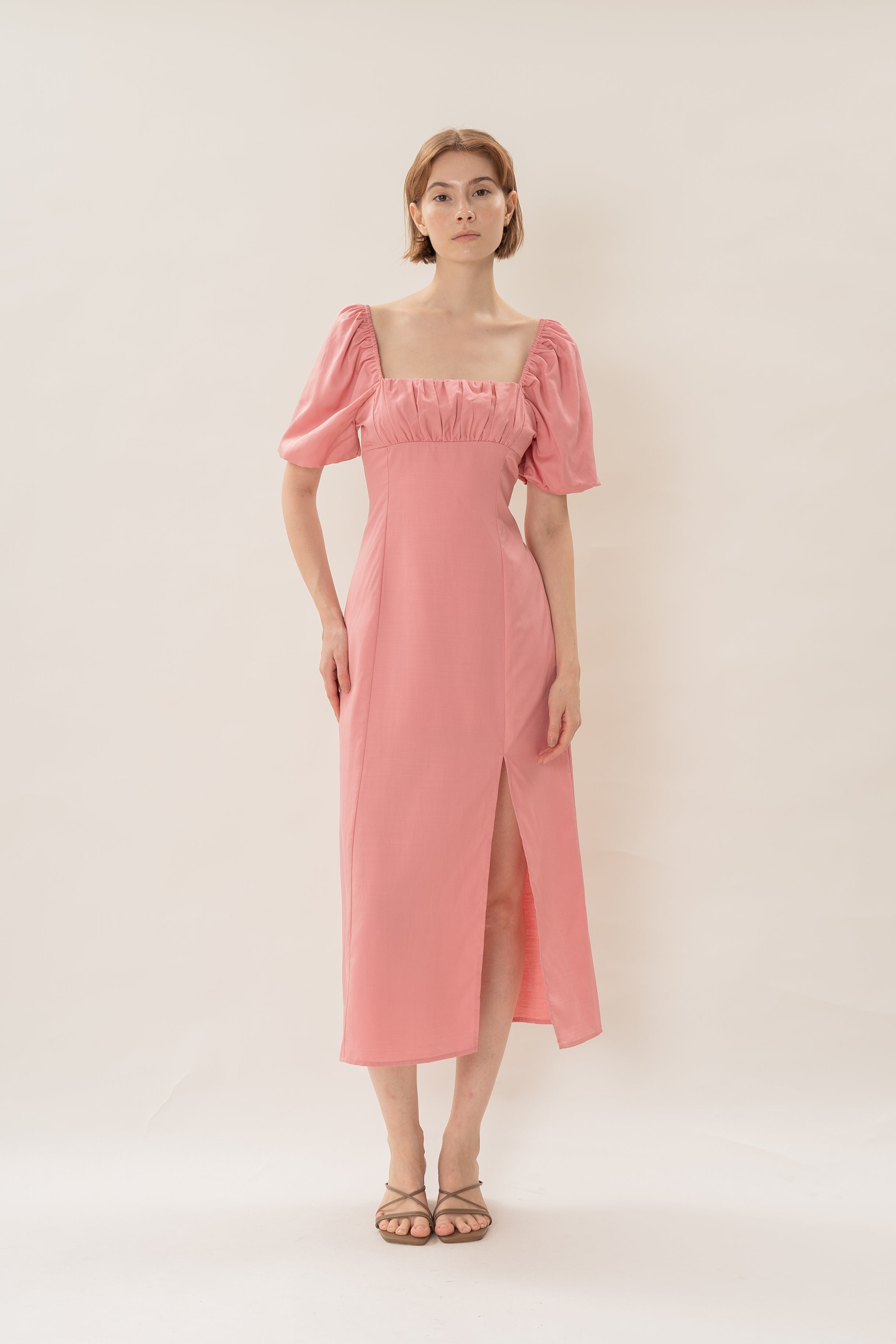 Puff Sleeve Midi Ruched Sun Dress in Pink