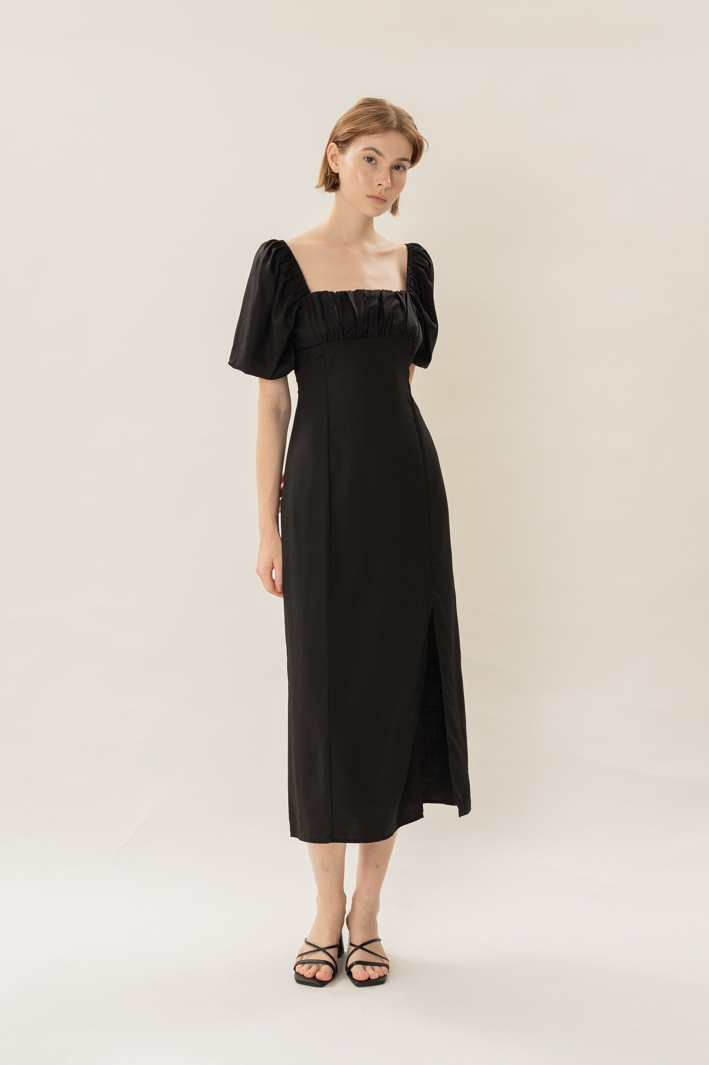 Puff Sleeve Midi Ruched Sun Dress in Black