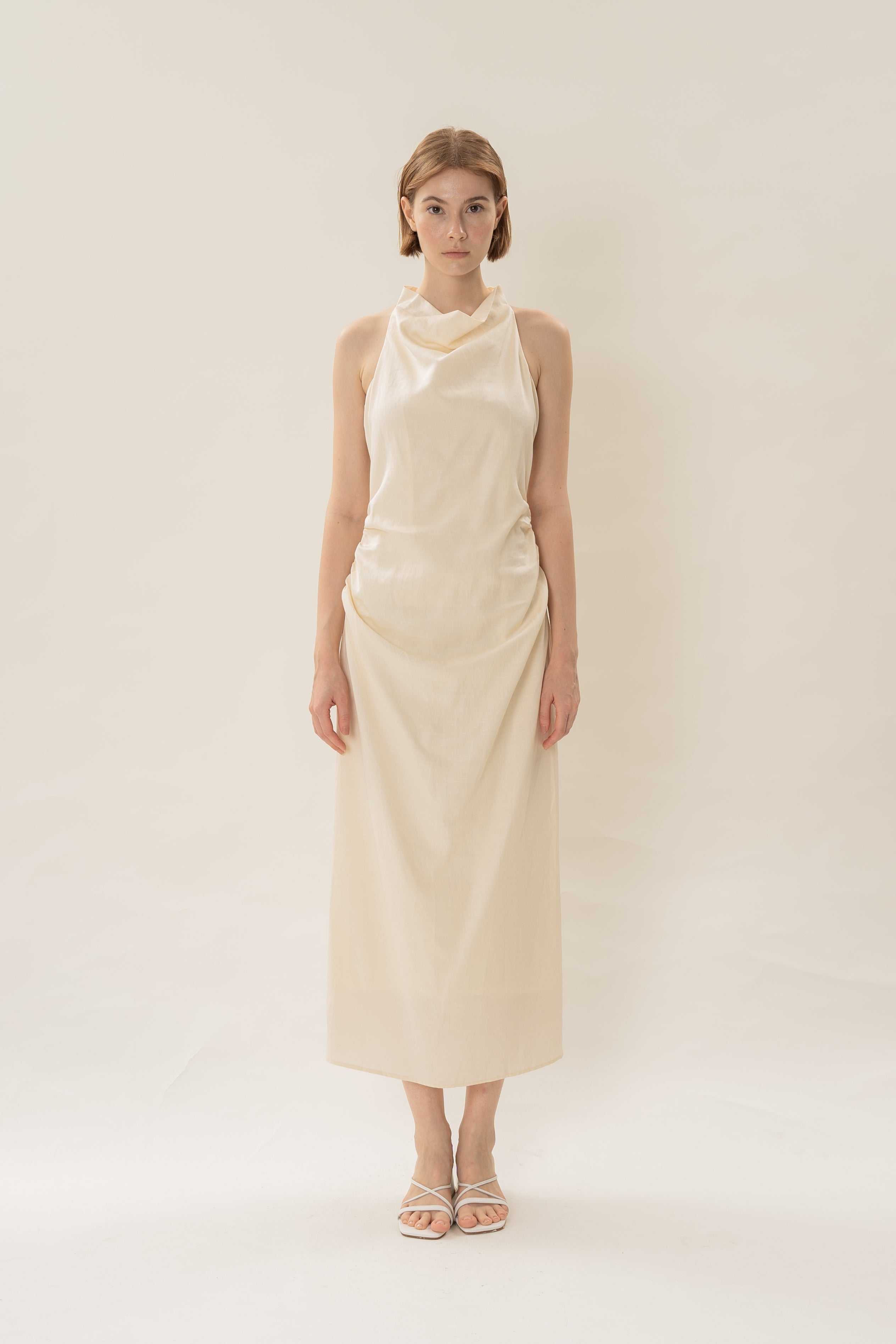 Draped Neck Halter Ruched Midi Dress in Natural