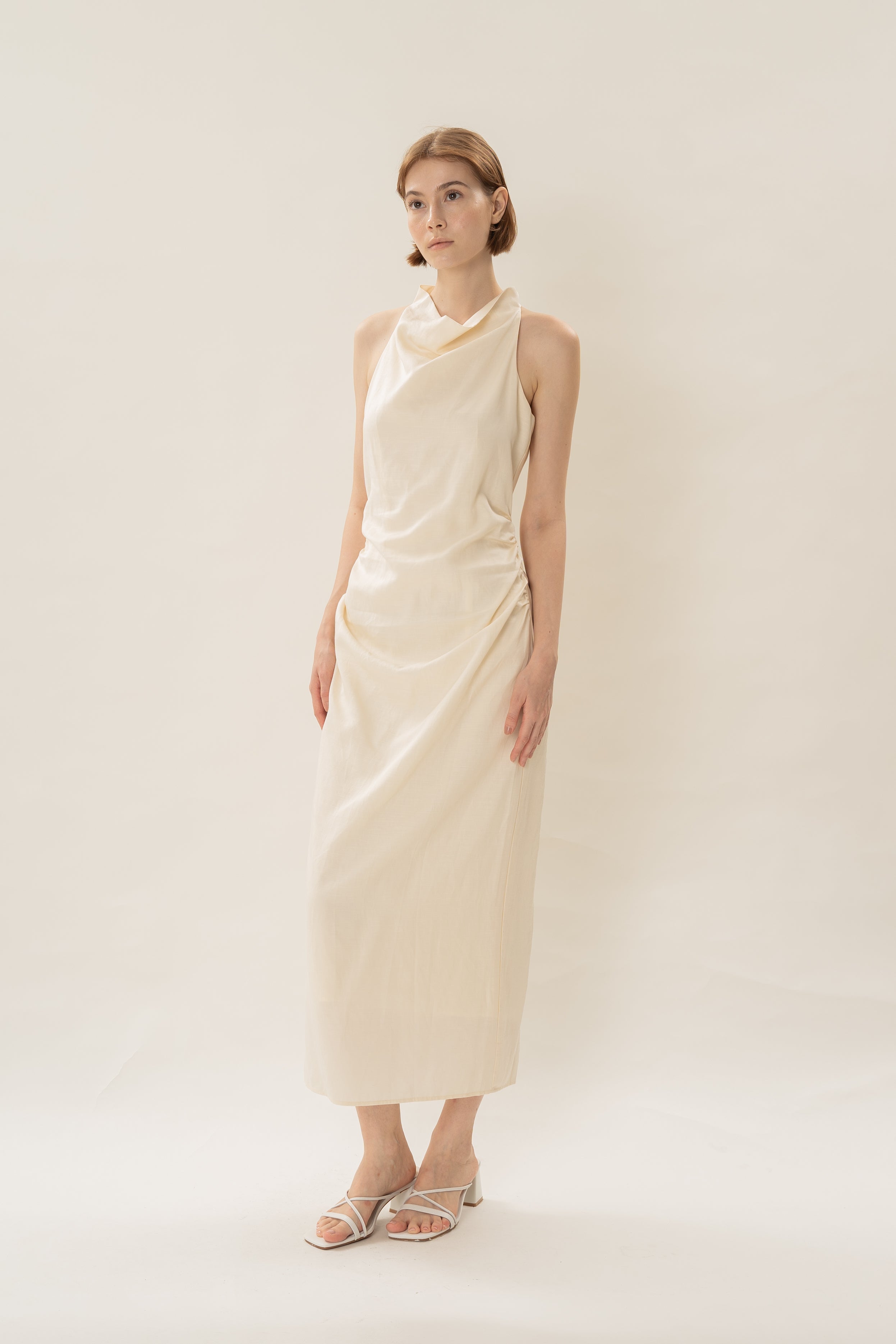 Draped Neck Halter Ruched Midi Dress in Natural