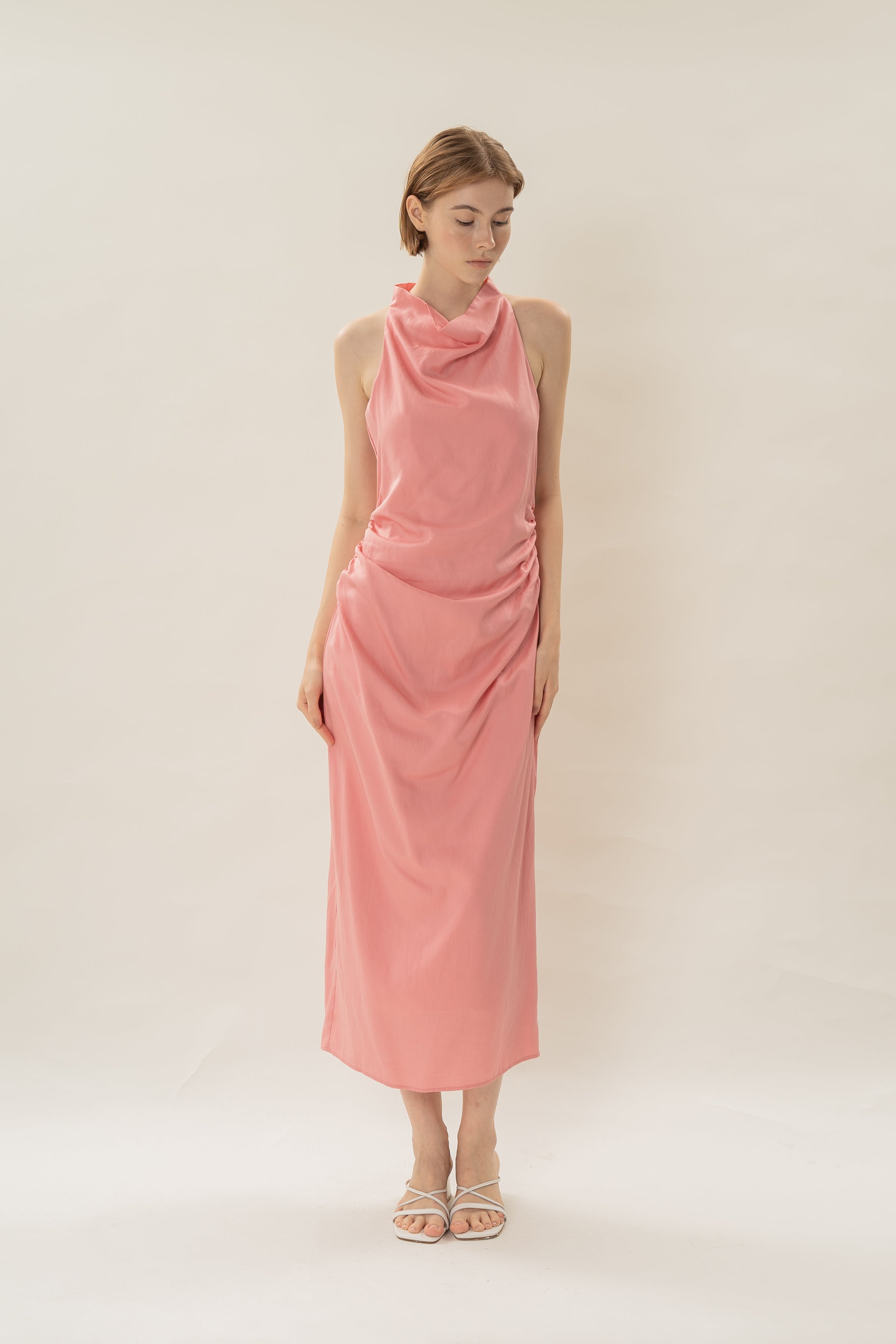 Draped Neck Halter Ruched Midi Dress in Pink