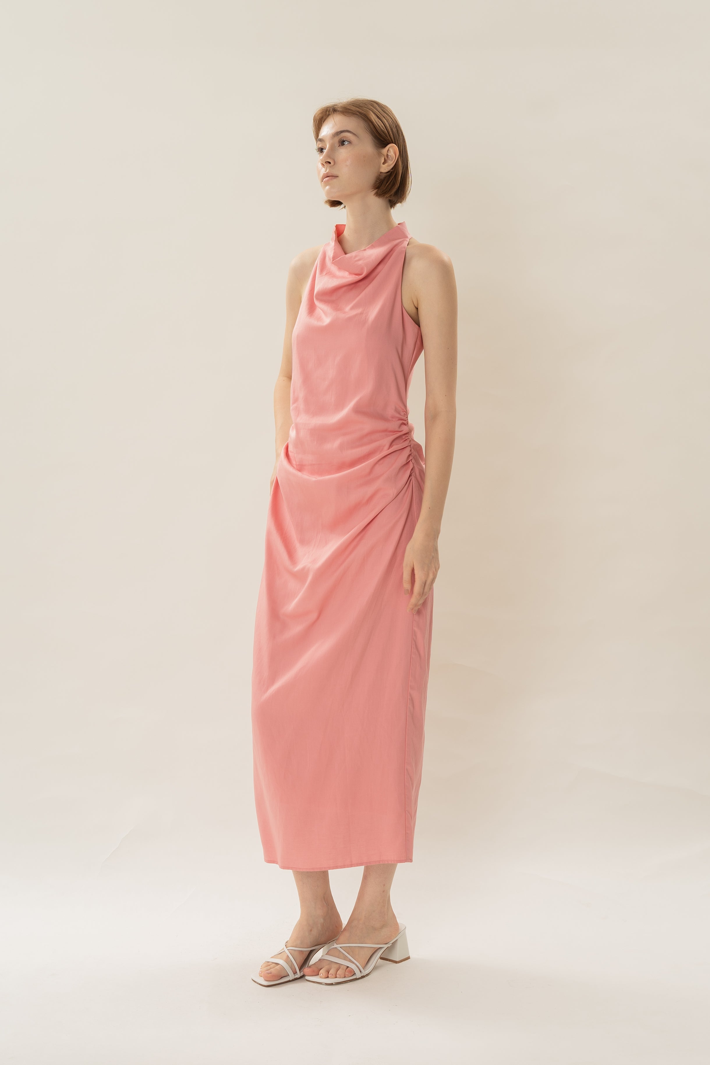 Draped Neck Halter Ruched Midi Dress in Pink