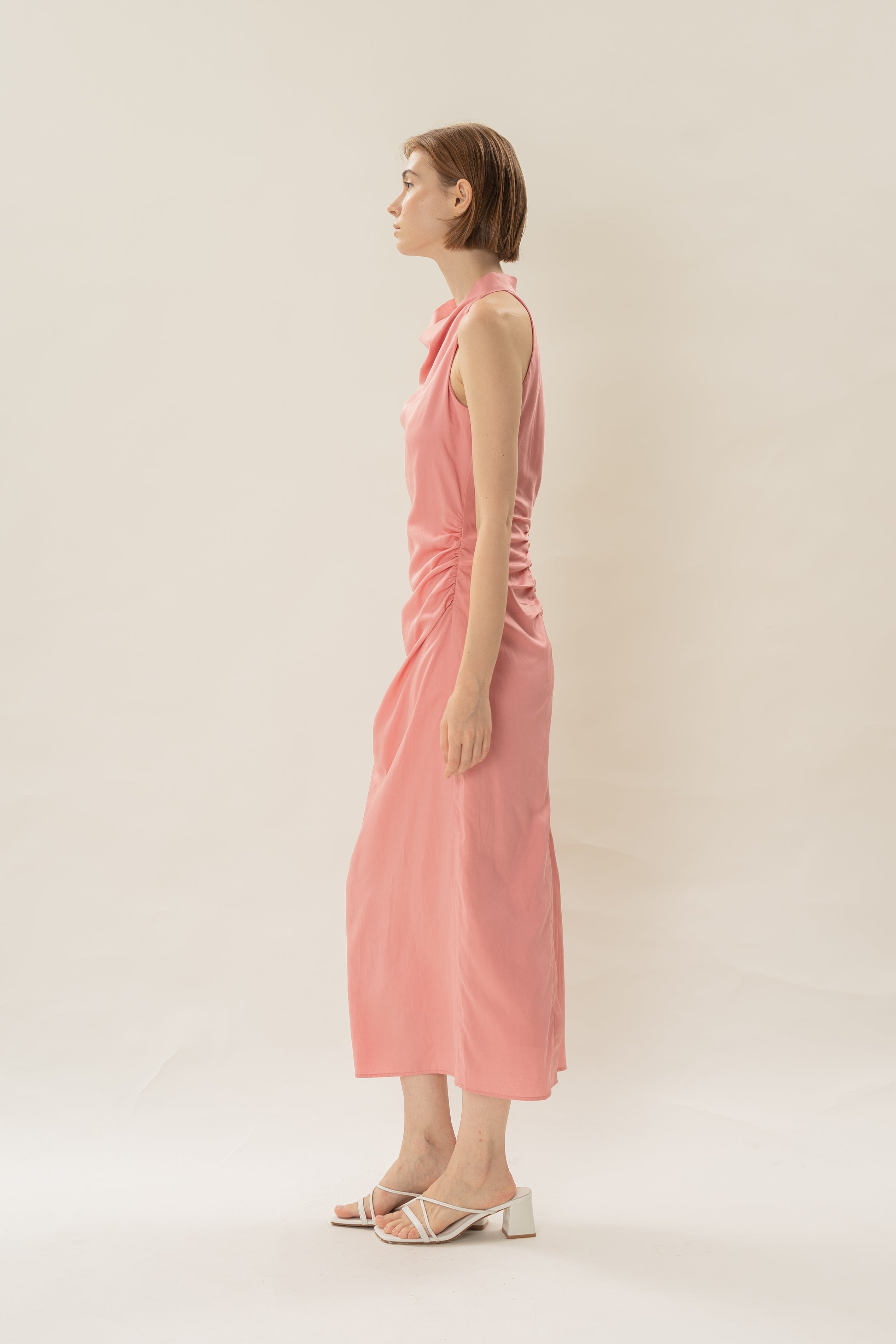 Draped Neck Halter Ruched Midi Dress in Pink