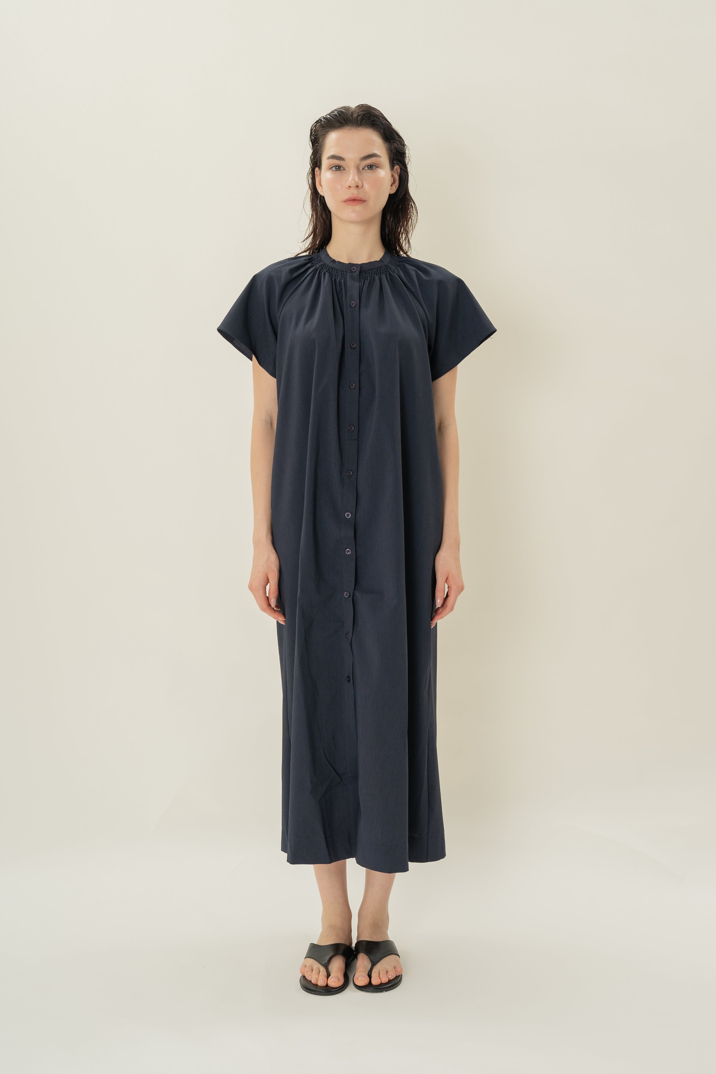 Shirred Neck Midi Dress in Midnight