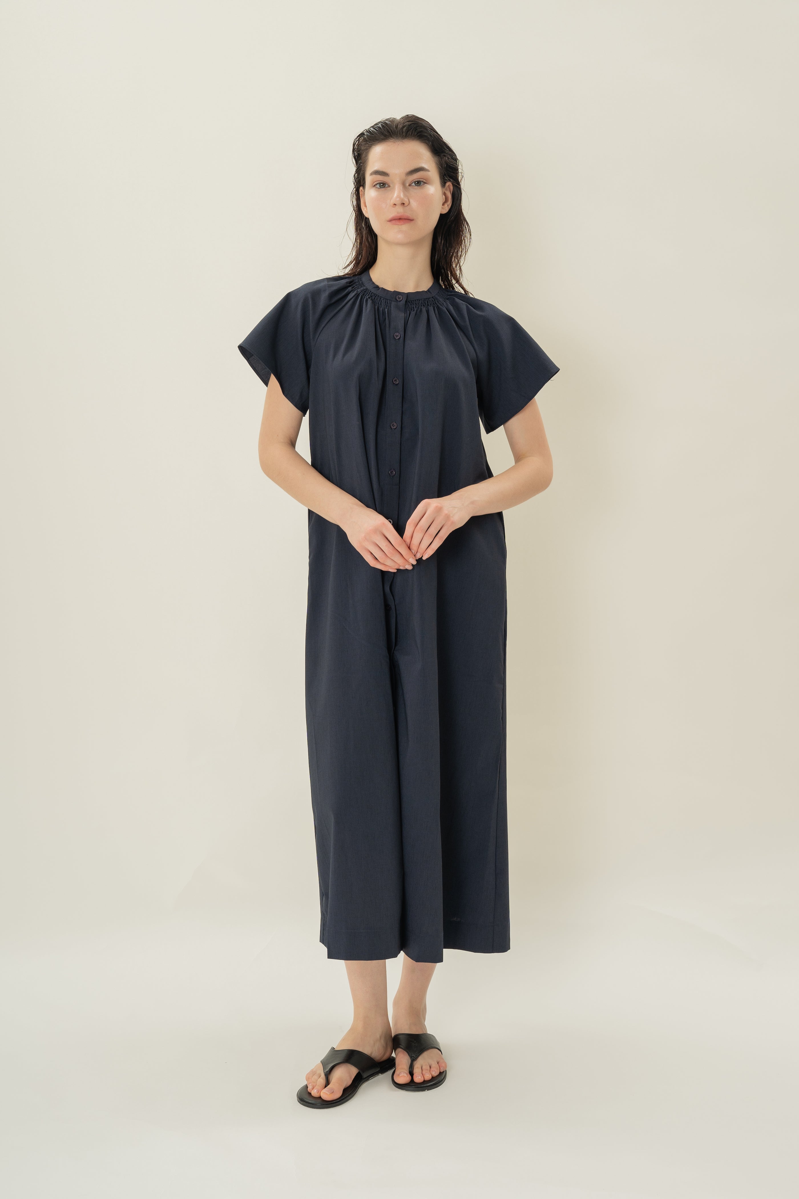 Shirred Neck Midi Dress in Midnight