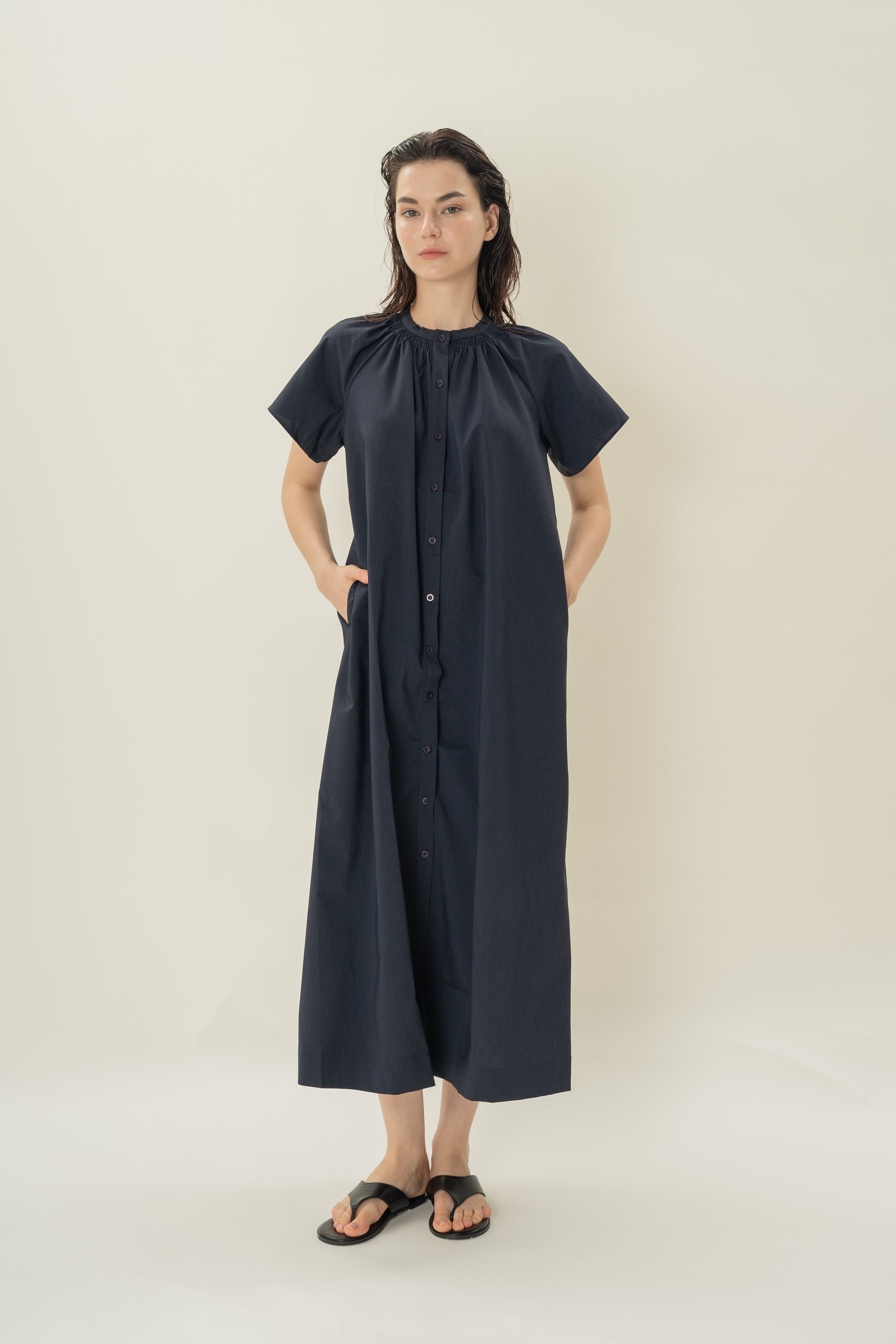 Shirred Neck Midi Dress in Midnight