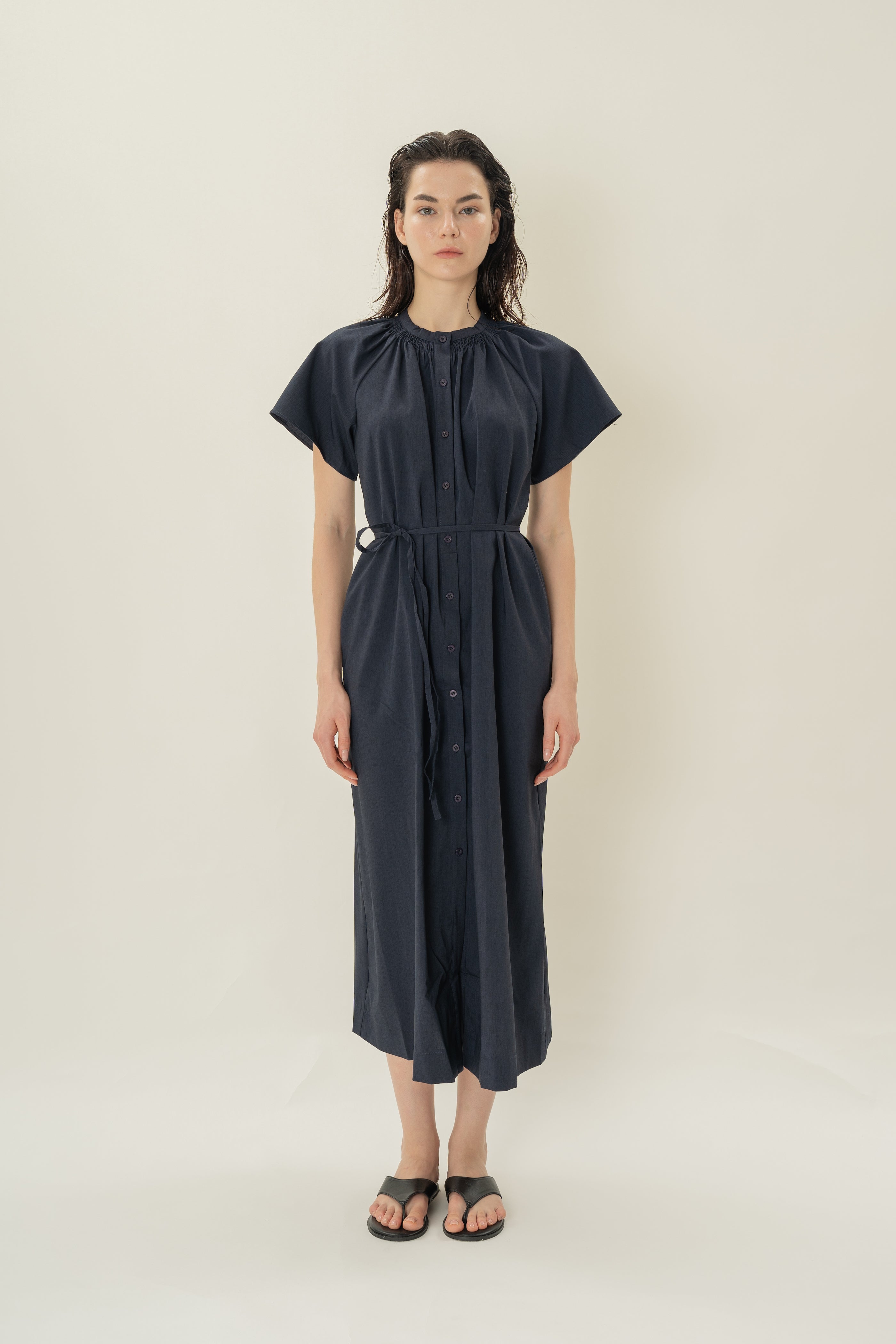 Shirred Neck Midi Dress in Midnight