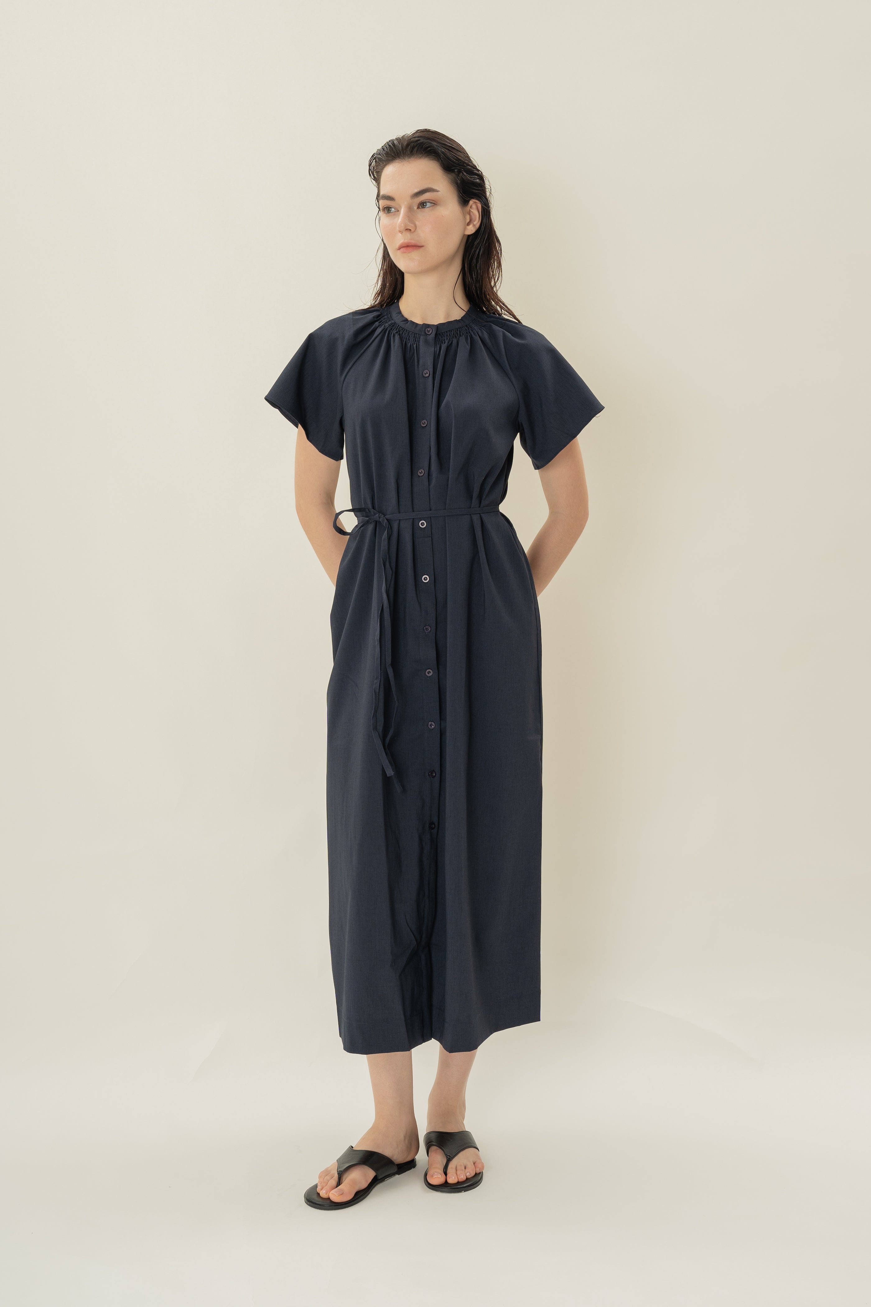 Shirred Neck Midi Dress in Midnight