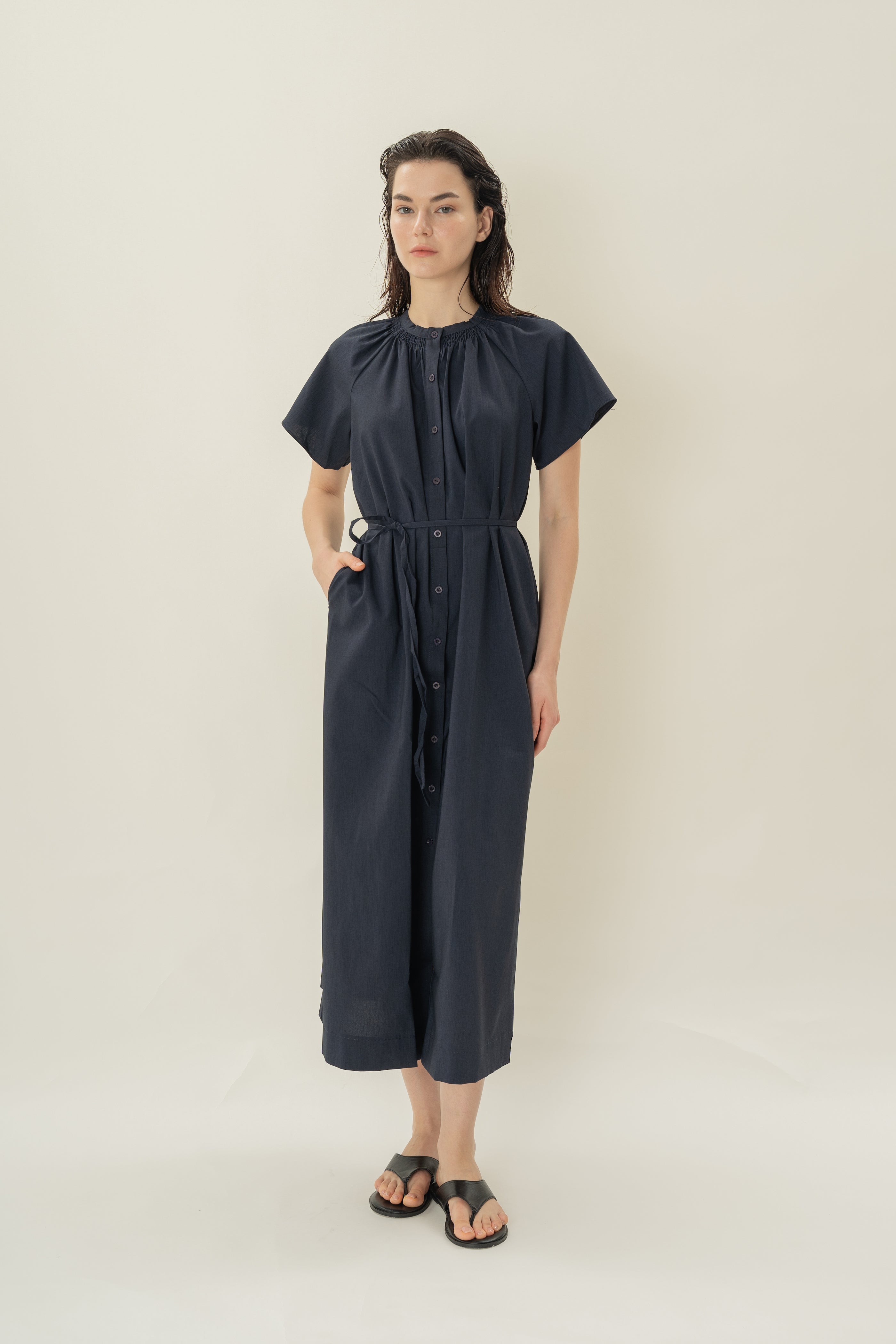 Shirred Neck Midi Dress in Midnight