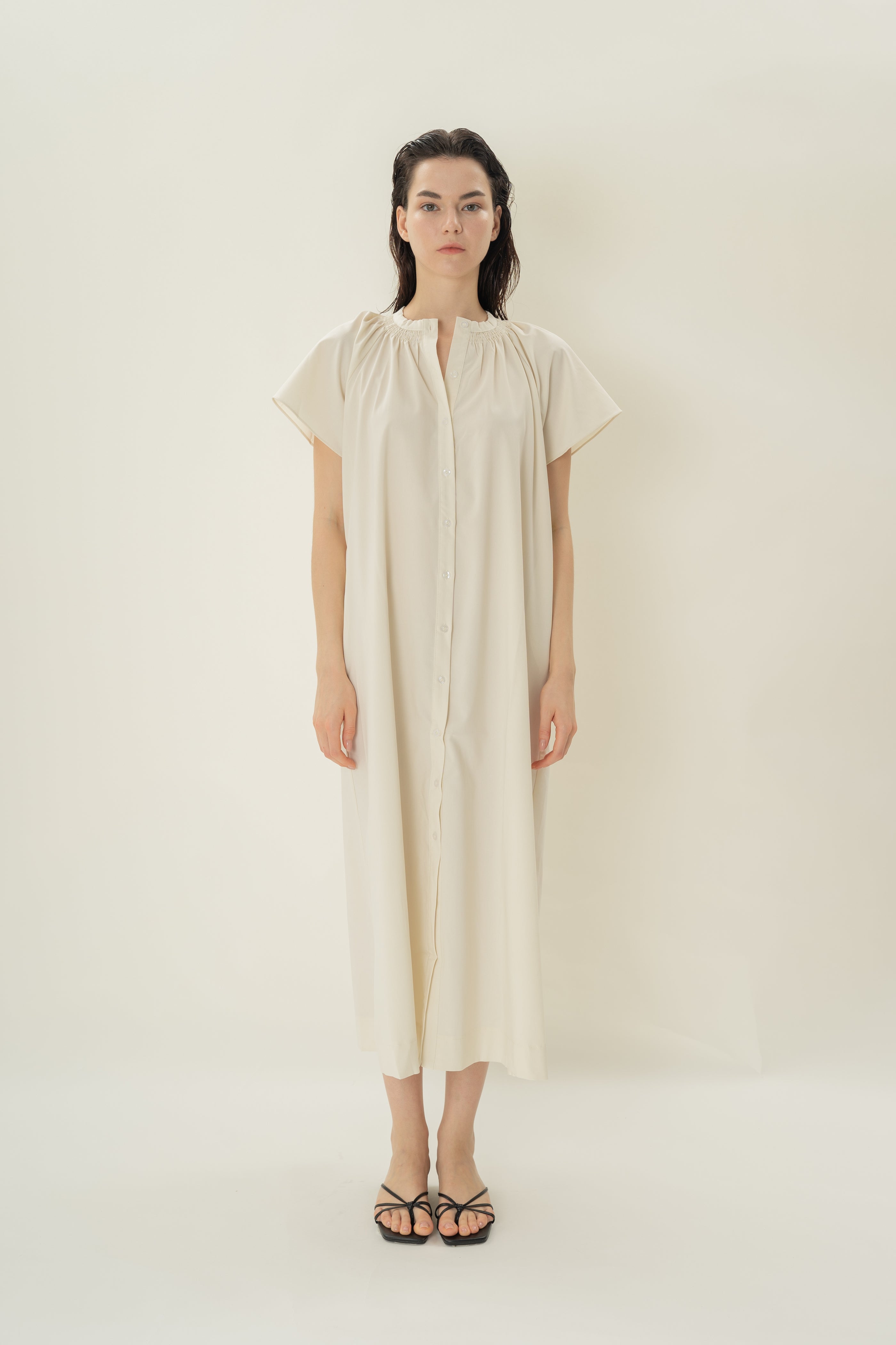 Shirred Neck Midi Dress in Ecru