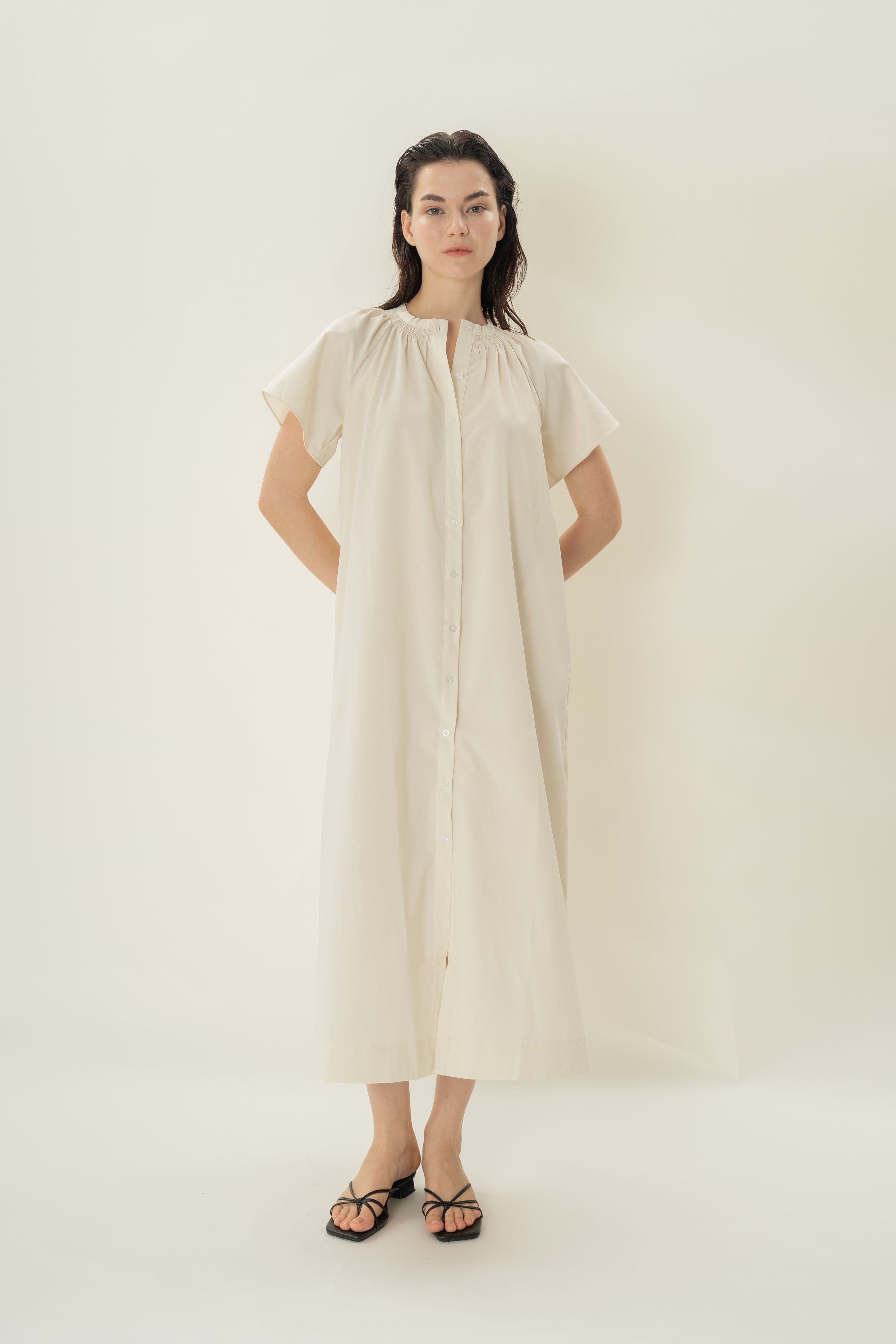 Shirred Neck Midi Dress in Ecru