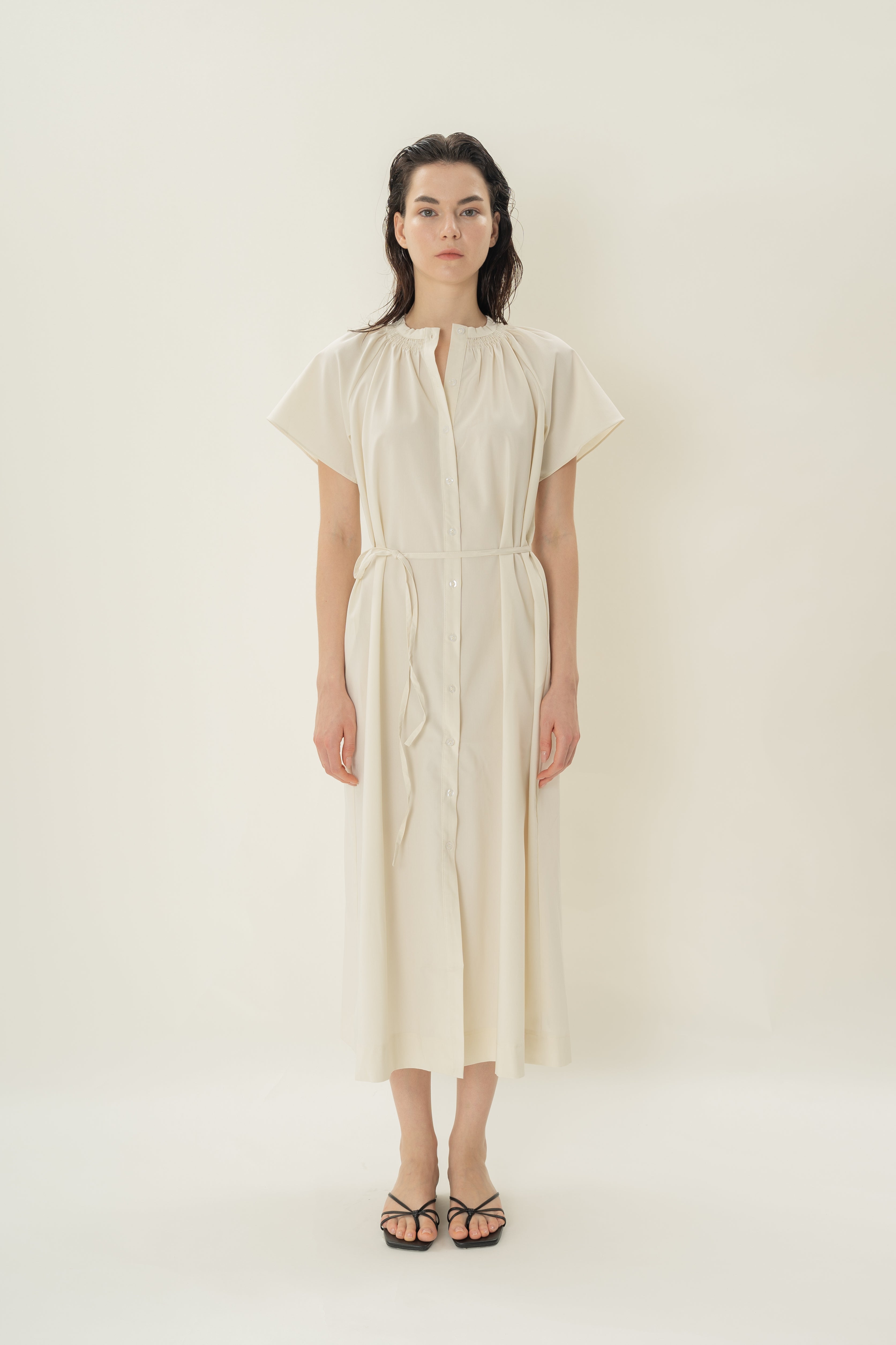 Shirred Neck Midi Dress in Ecru
