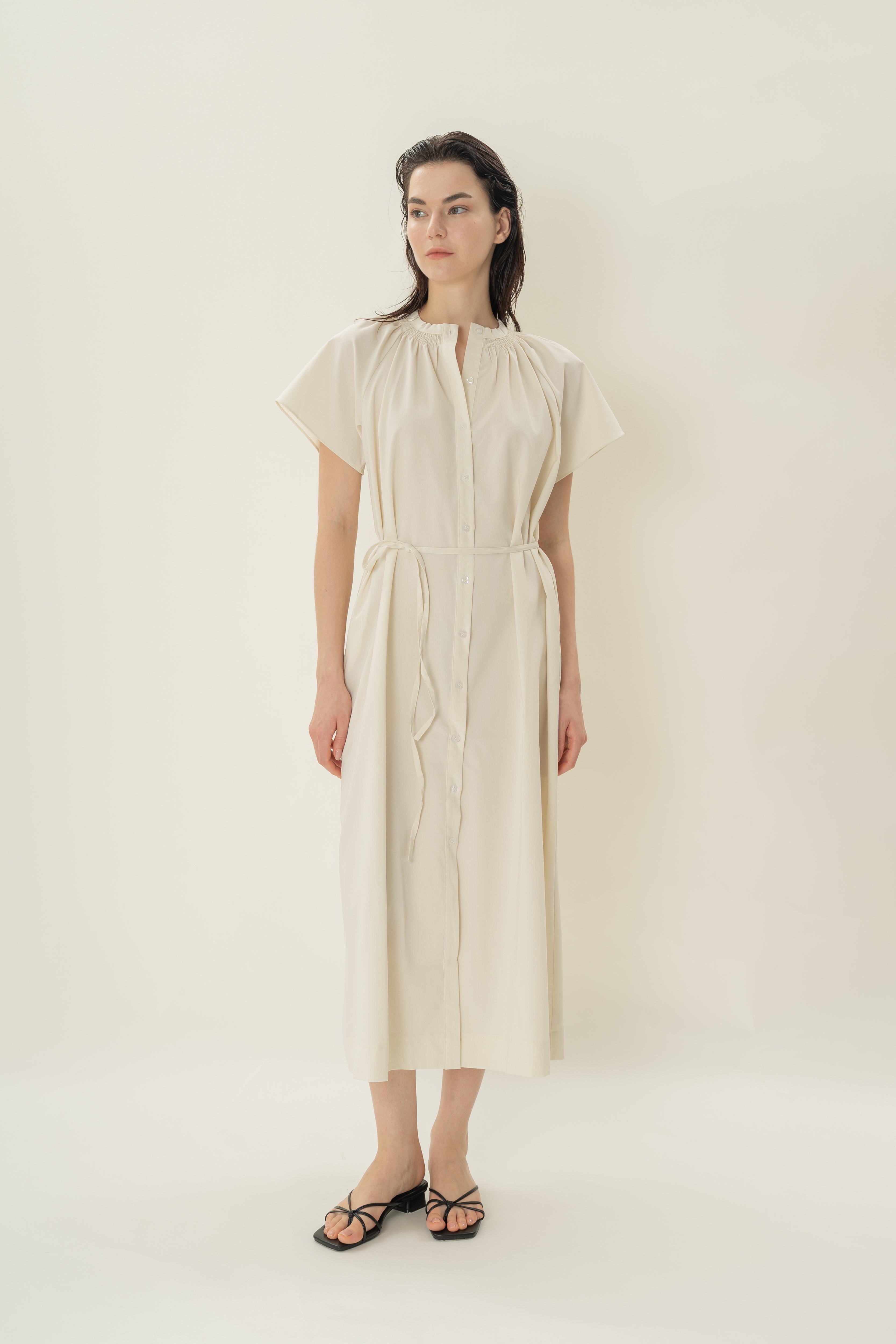 Shirred Neck Midi Dress in Ecru