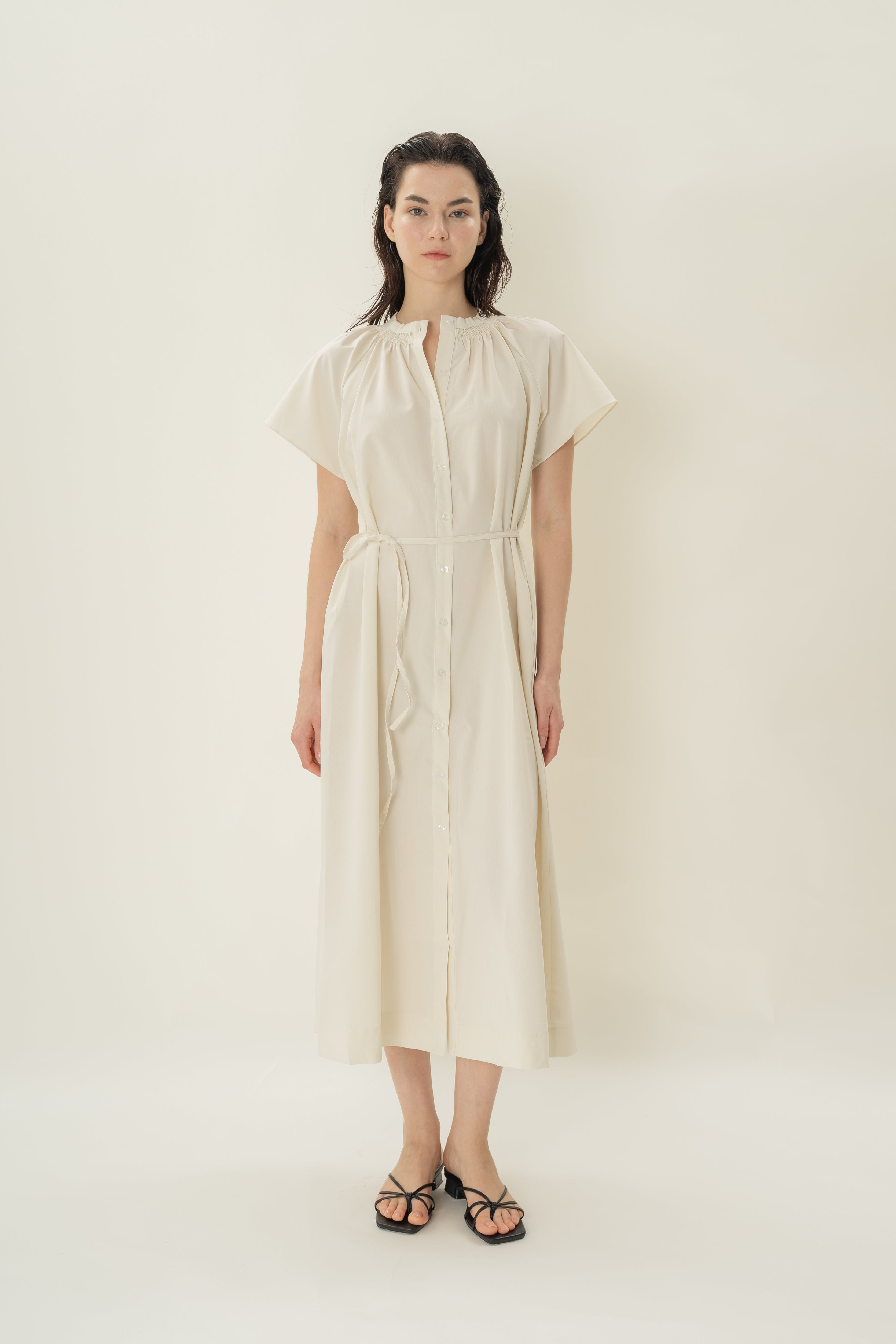 Shirred Neck Midi Dress in Ecru