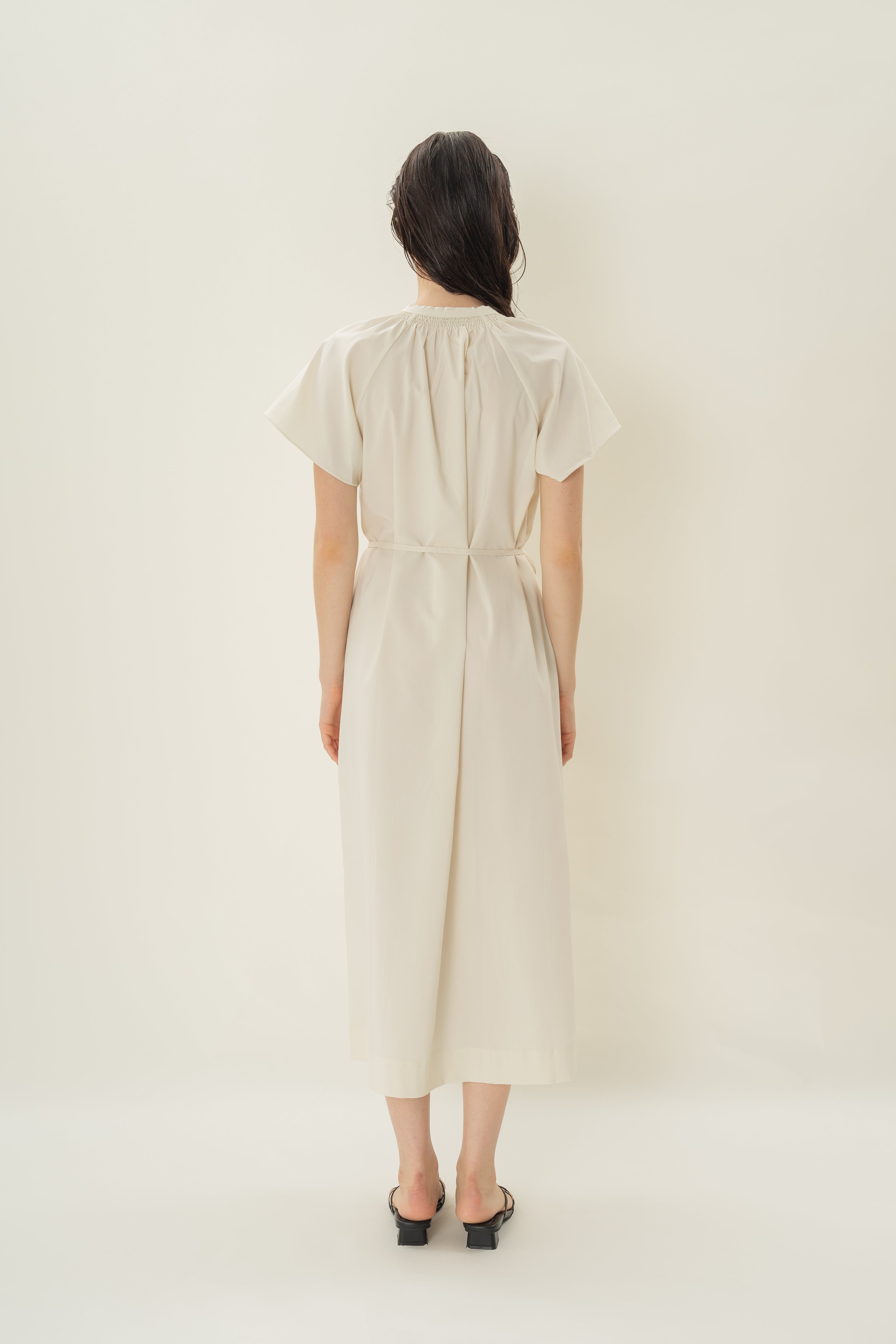 Shirred Neck Midi Dress in Ecru