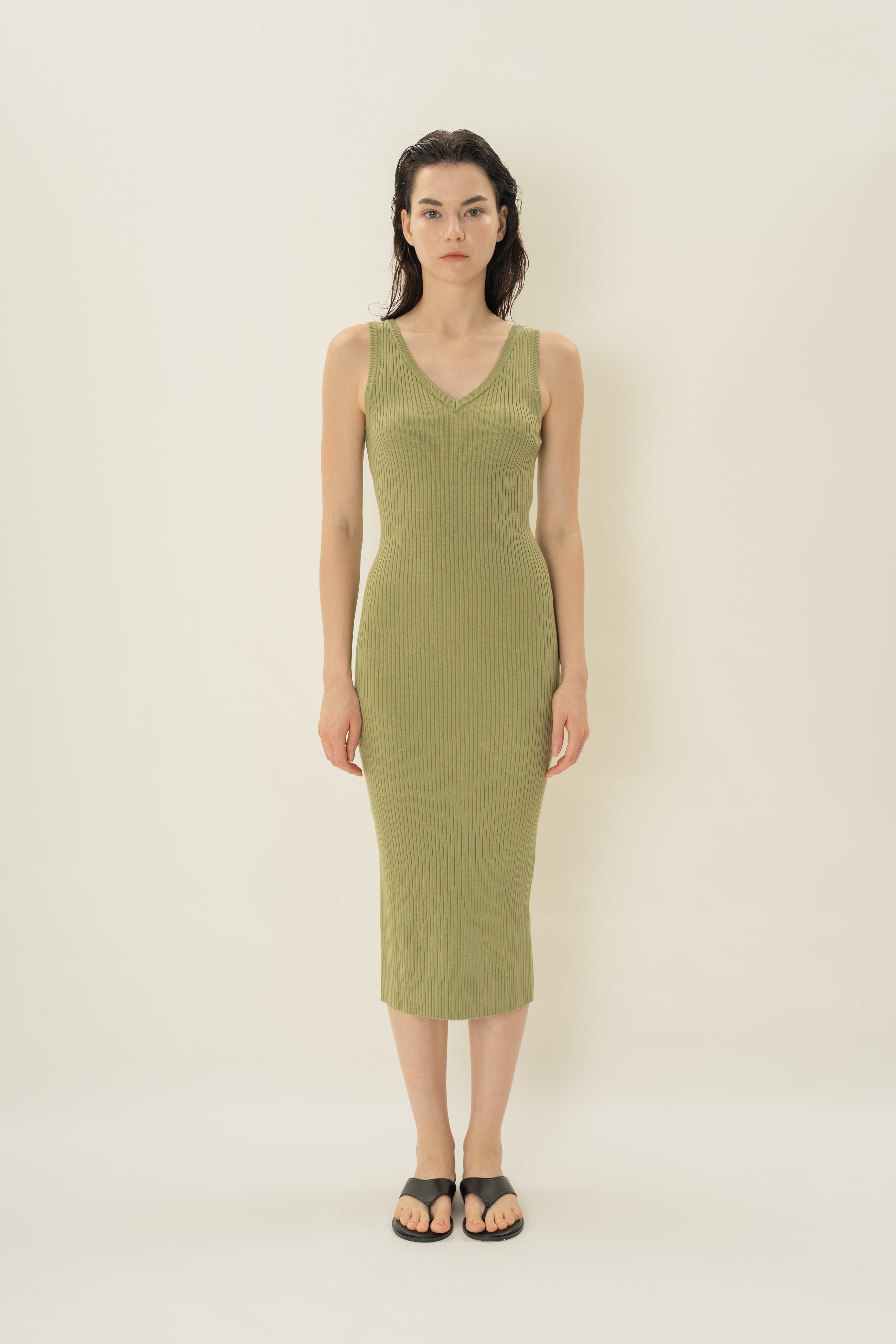 V Neck Ribbed Knit Dress in Fern