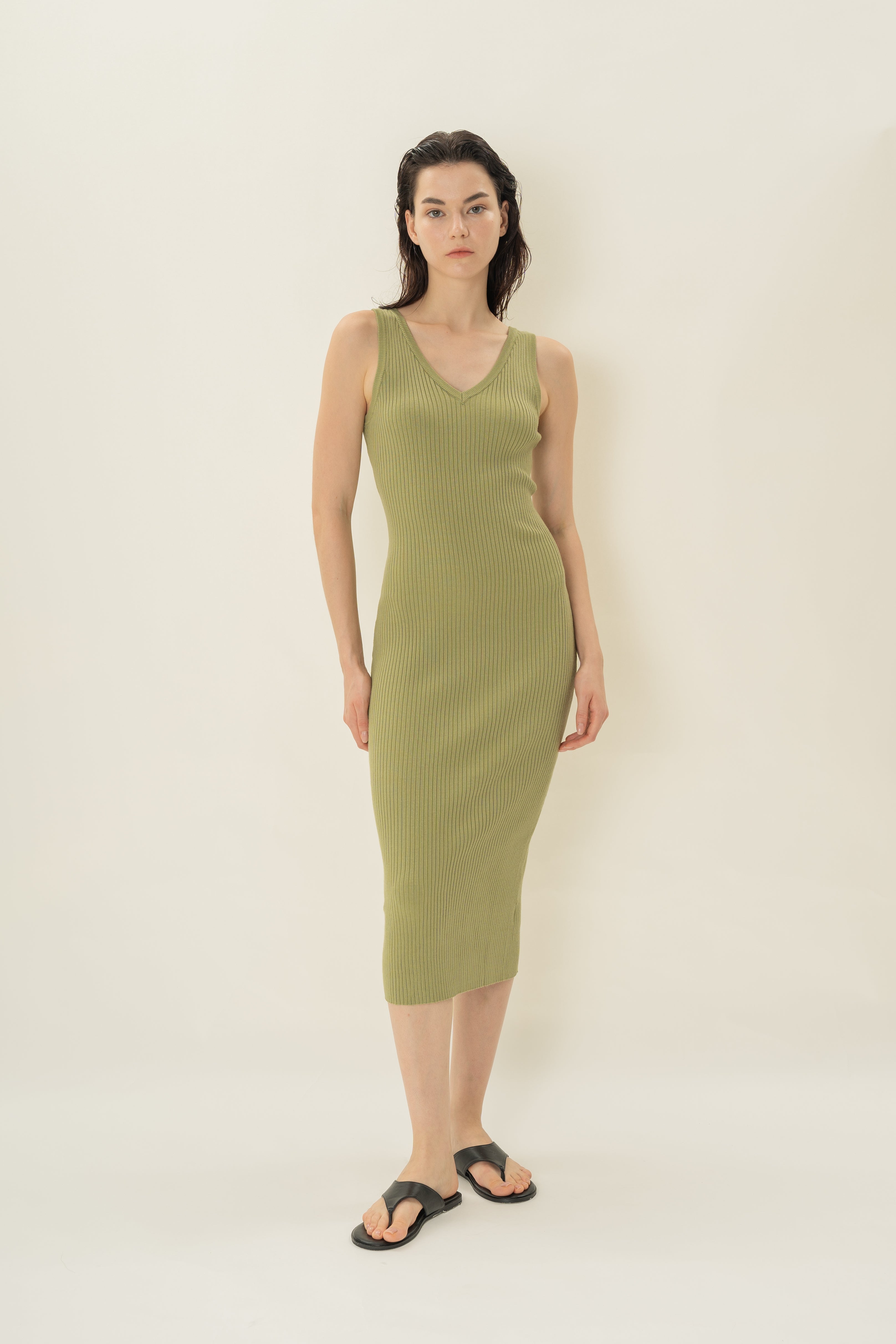 V Neck Ribbed Knit Dress in Fern