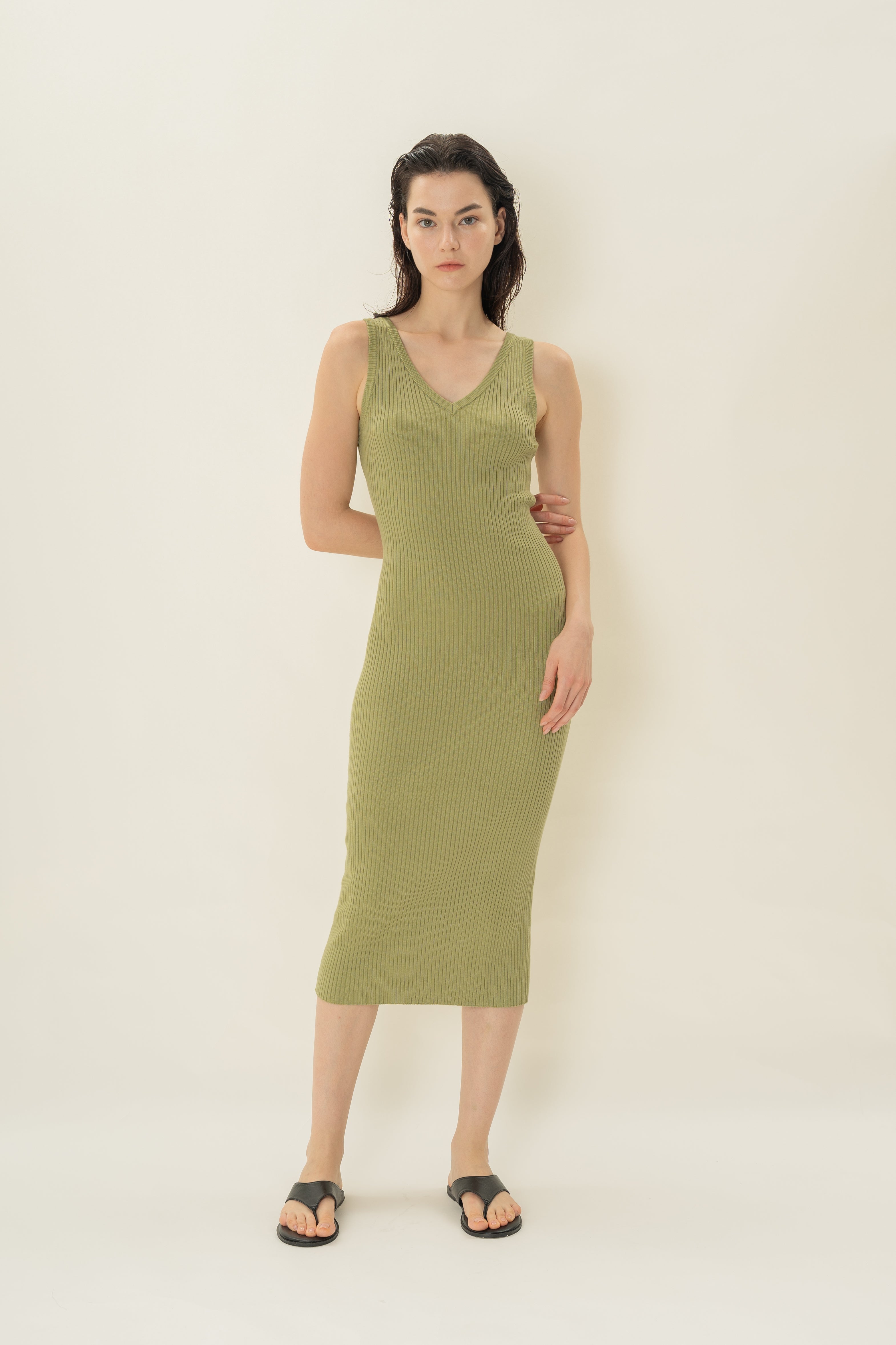 V Neck Ribbed Knit Dress in Fern