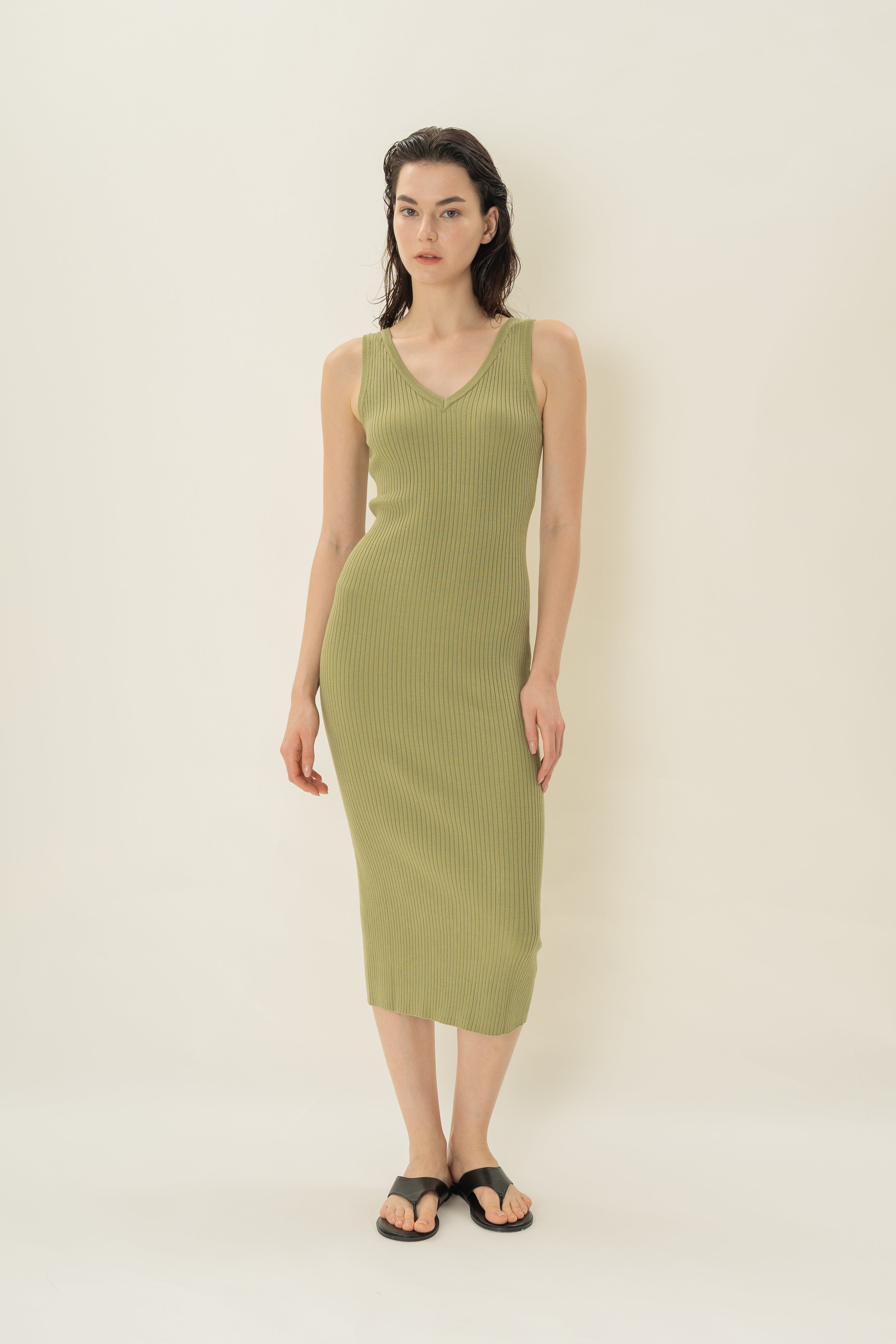 V Neck Ribbed Knit Dress in Fern