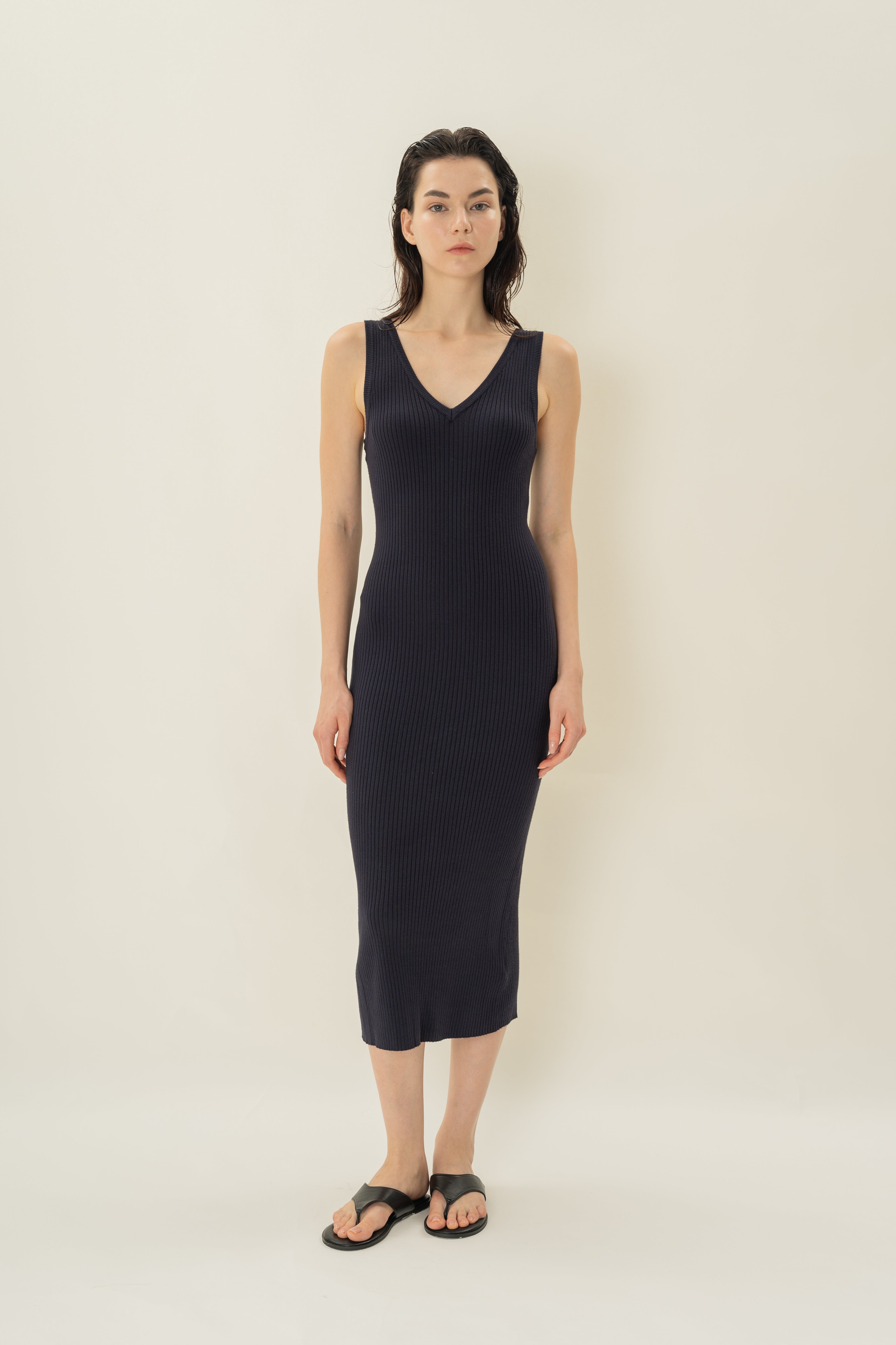 V Neck Ribbed Knit Dress in Midnight