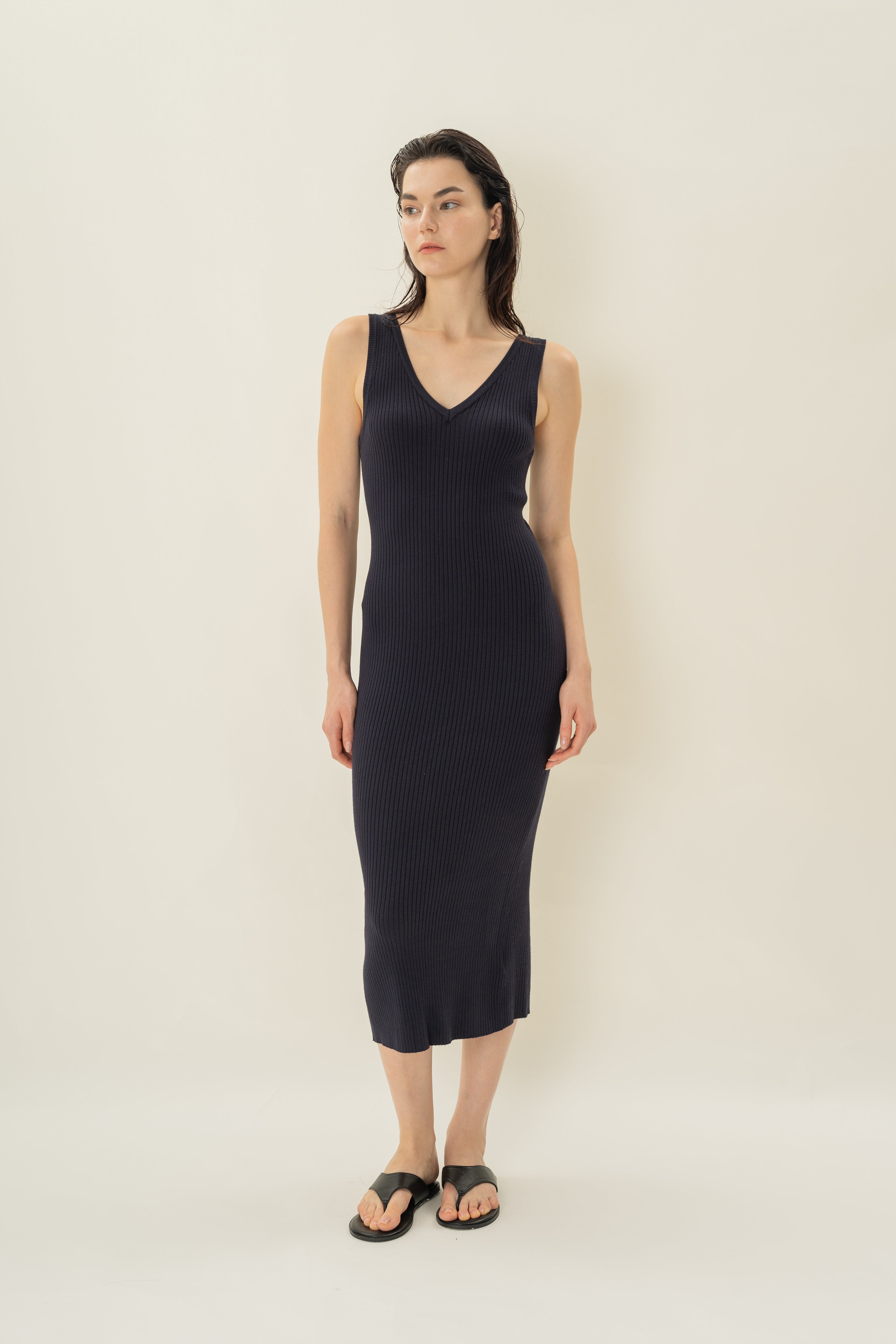 V Neck Ribbed Knit Dress in Midnight