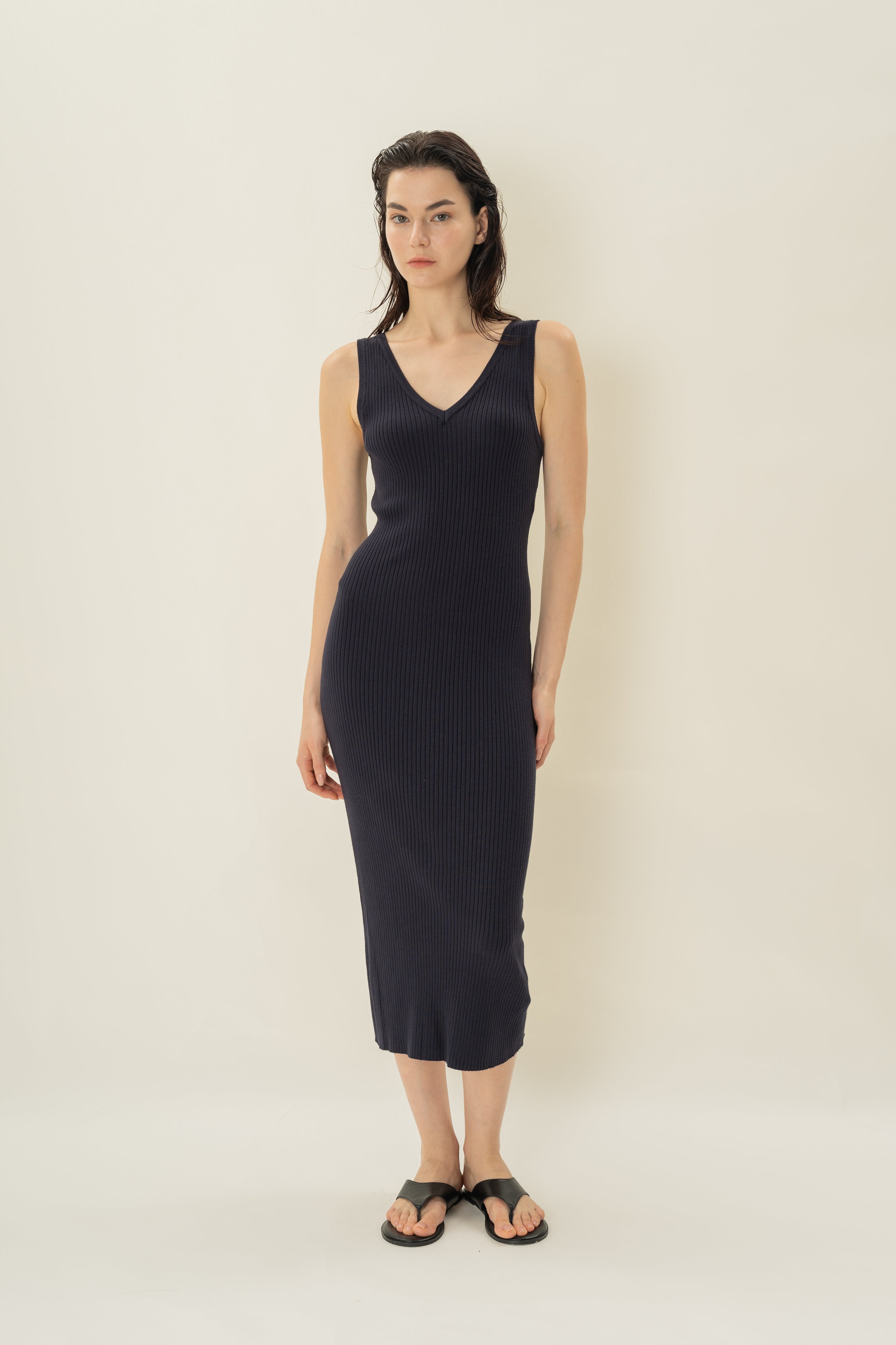 V Neck Ribbed Knit Dress in Midnight