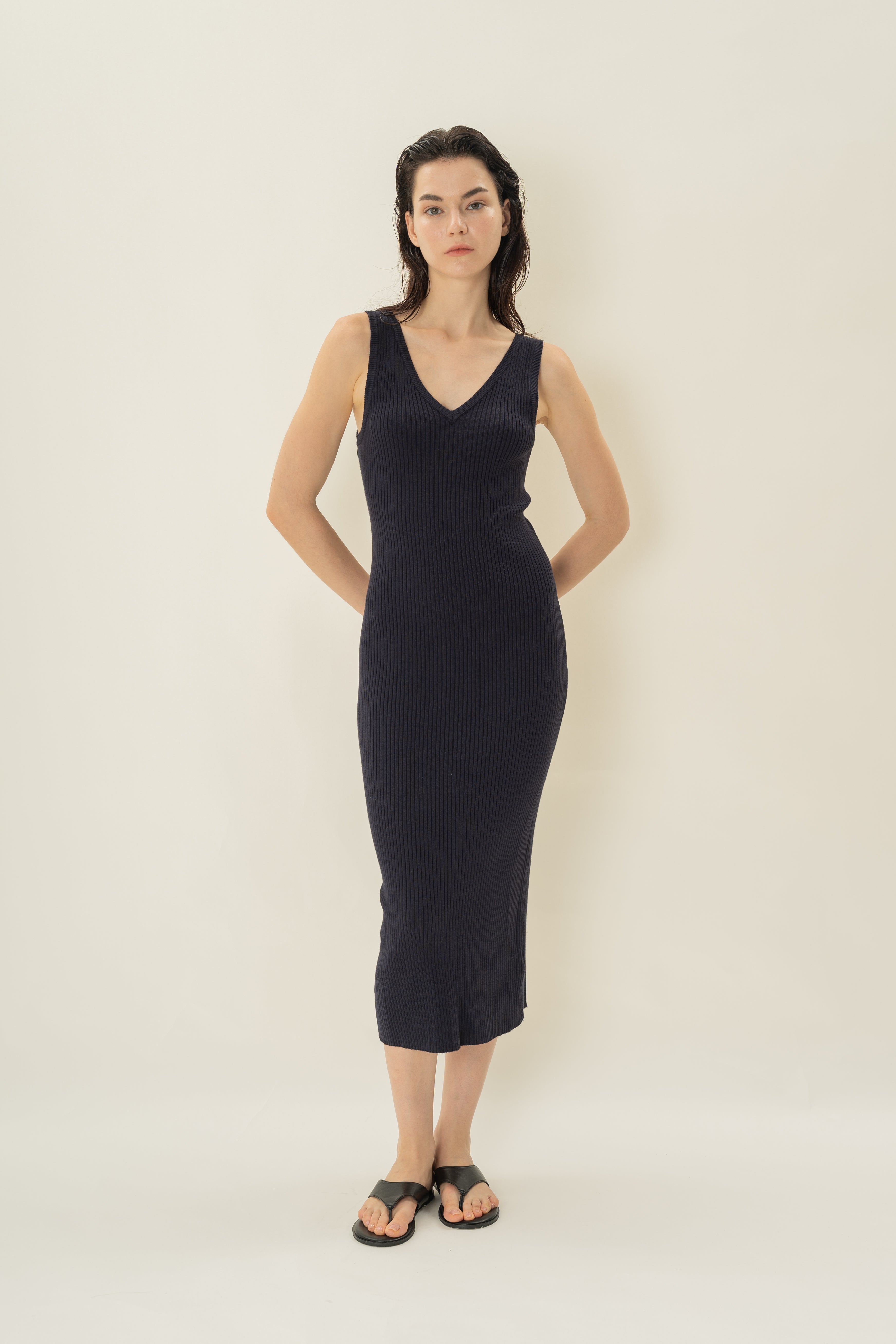 V Neck Ribbed Knit Dress in Midnight