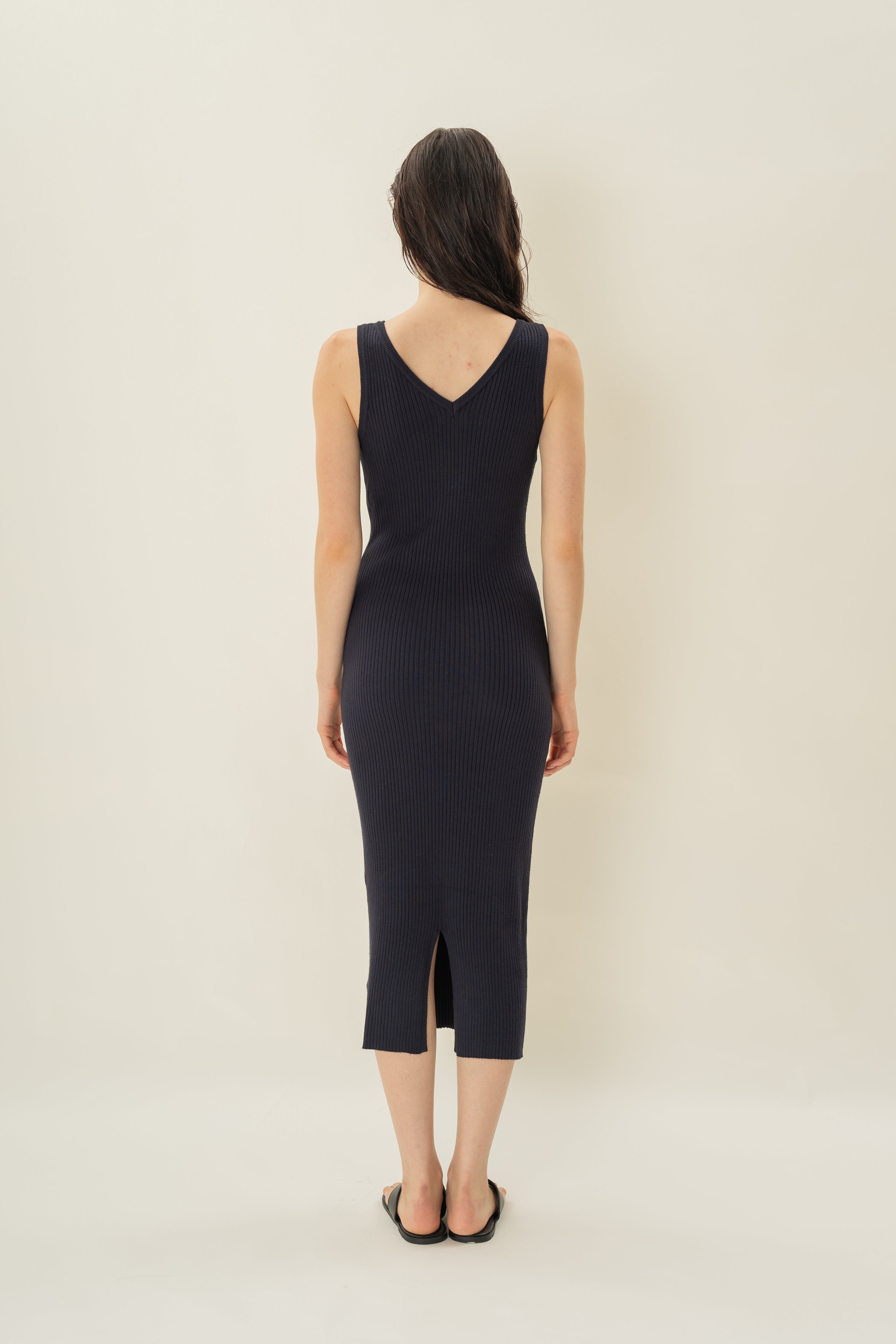 V Neck Ribbed Knit Dress in Midnight