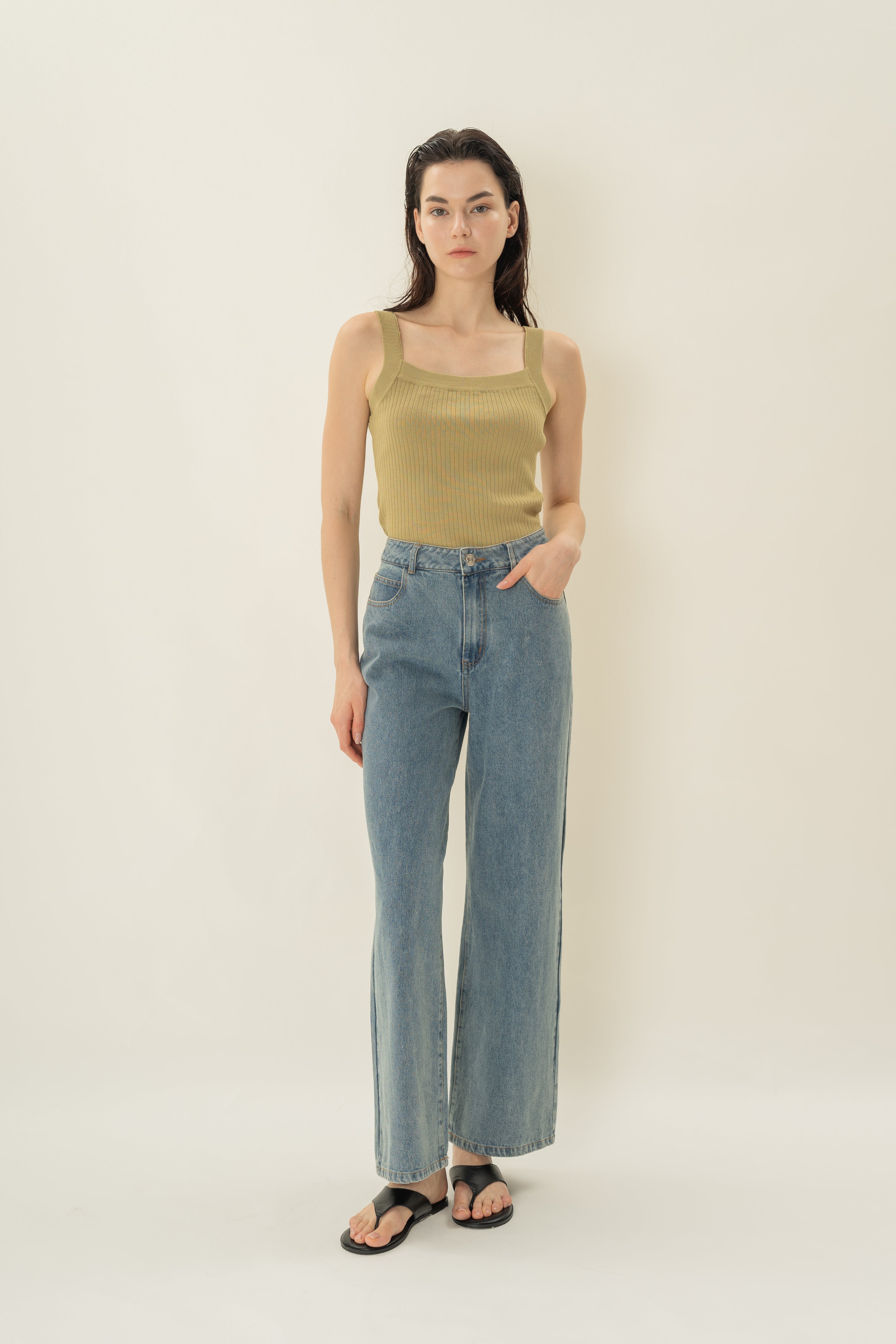 Knitted Straight Neck Tank in Palm