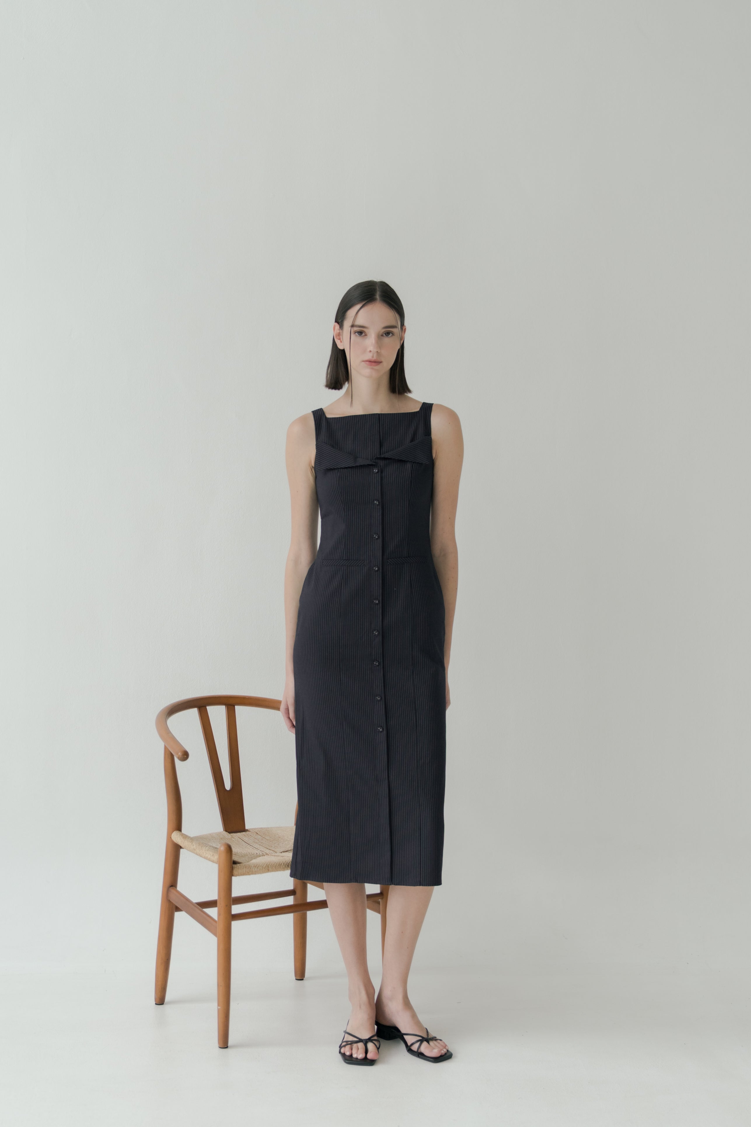 Foldover Panel Midi Dress in Pinstripe Navy